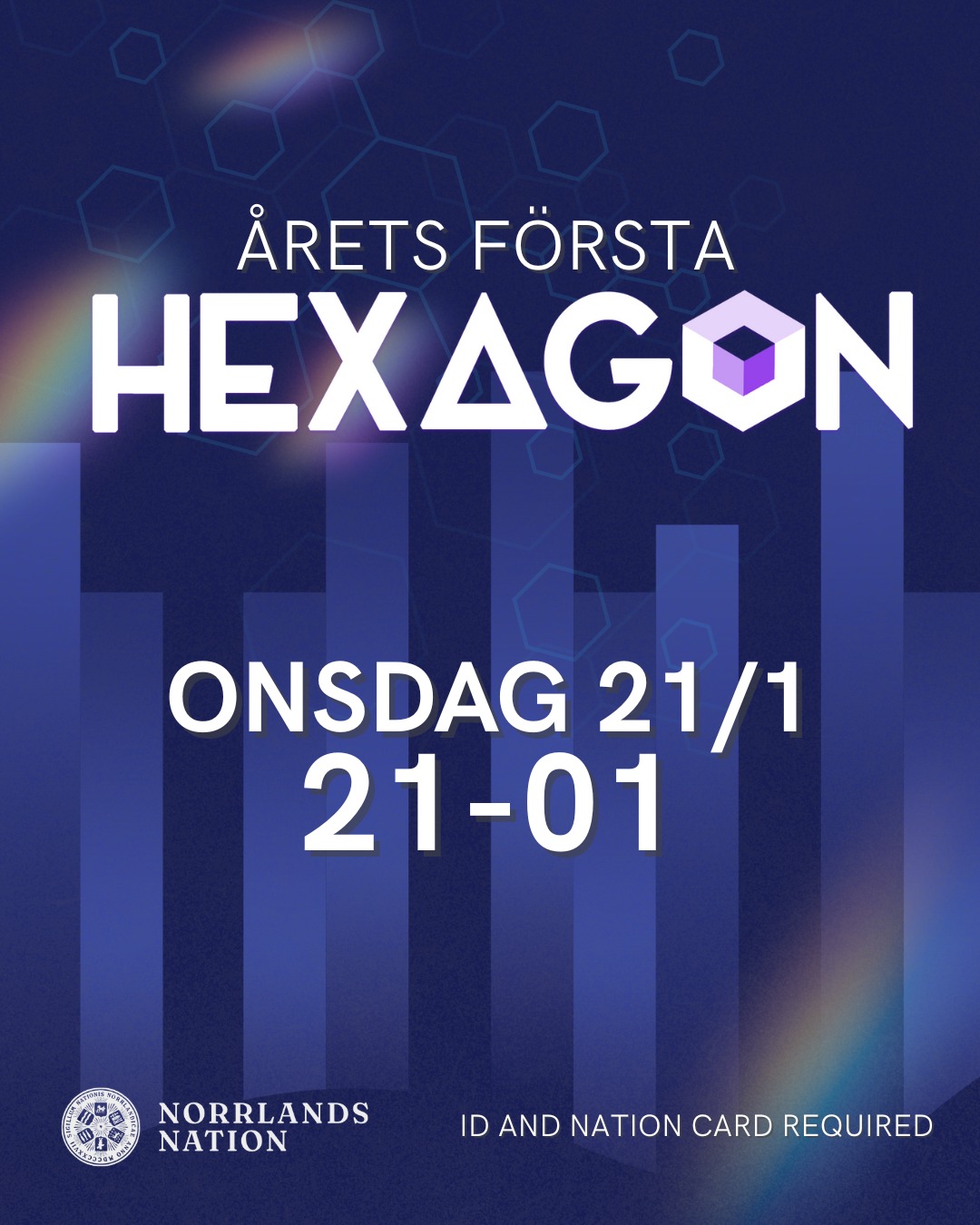 ✨ VÄLKOMNA TILL HEXAGON! ✨
Discot står ekande tomt under ledigheten och studenterna är rastlösa i benen - men väntan är äntligen över!
Den 21 januari slår Norrlands nations onsdagsklubb Hexagon upp dörrarna för ännu en termin full av dans, musik och klubbmiljö - varje vecka, varje onsdag!
Gratis inträde till 22:00.
Gratis för Norrlänningar (medlemmar) hela kvällen.
ID och nationskort krävs.
✨ Vi ses! ✨
___
✨ WELCOME TO HEXAGON! ✨
The disco stands empty during the holidays, and the students are restless – but the wait is finally over!
On 21st January, Norrlands Nation's Wednesday club Hexagon opens its doors for another term full of music and dancing – every week, every Wednesday!
Free entry until 22:00.
Free for Norrlänningar (members) all evening.
ID and nation card required.
✨ See you there! ✨