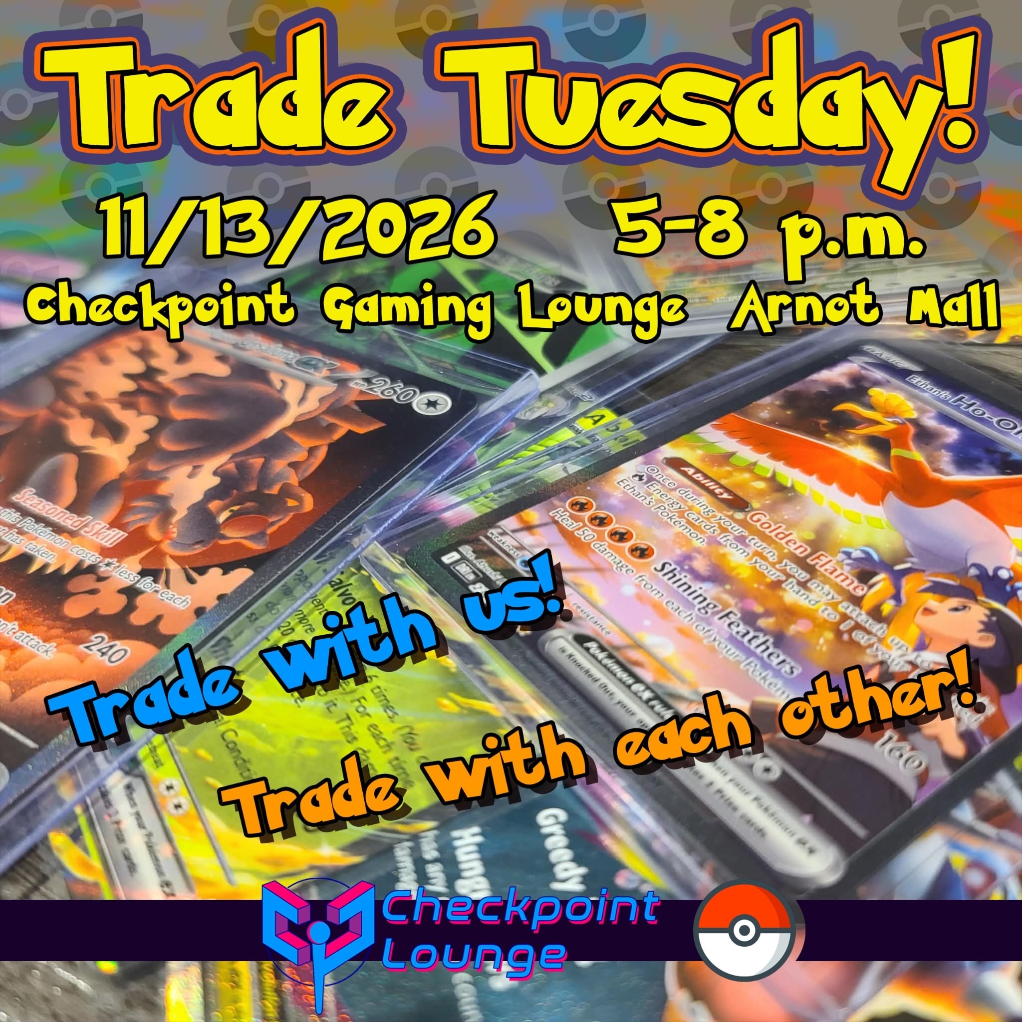 Come down to Checkpoint Lounge in Arnot Mall tonight from 5-8pm for our first Trade Tuesday!
Want to swap out any of your Pokémon cards, or any video games or accessories? Come down and maybe you can make a trade with someone in the store --or with us! Or just come hang out and see what is available at the store!
Don't worry if you miss out. This is the first of many!