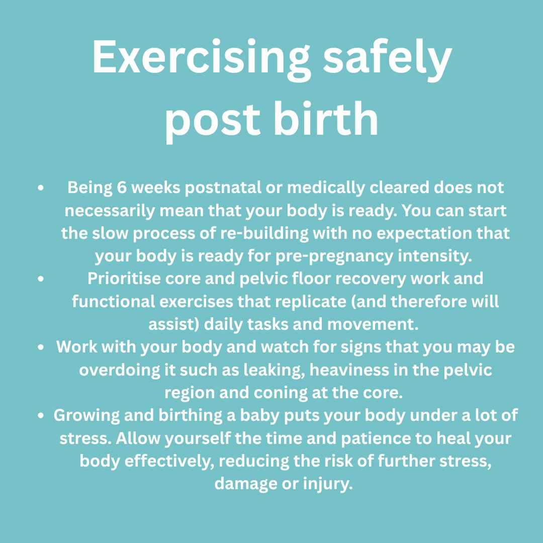 You might have been thinking about joining us in the near future and we'd love the opportunity to support you through your postnatal journey - but when your body is ready.
Here's a few things to bare in mind and be on the lookout for when considering exercise post birth 🥰
If you're unsure of anything, feel free to pop me a message! 💕