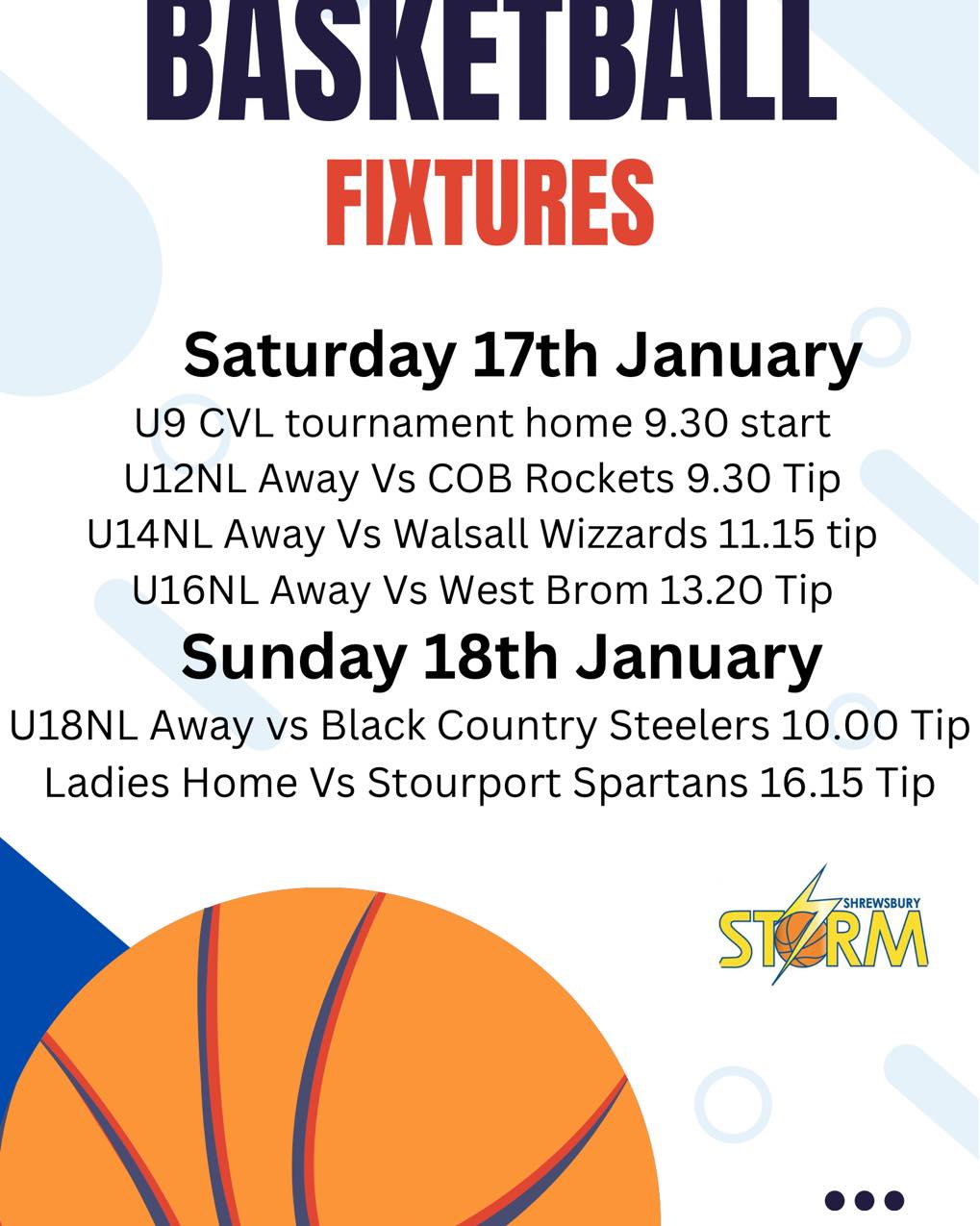 Under 9’s have there CVL tournament in the morning. Then there is a flurry of away games for our Junior national league sides.
The weekend is rounded off by a home game against Stourport Spartans for the ladies.
#basketballfamily🏀❤️ #Shrewsbury #stormbasketball🏀 #community #desiretogrow