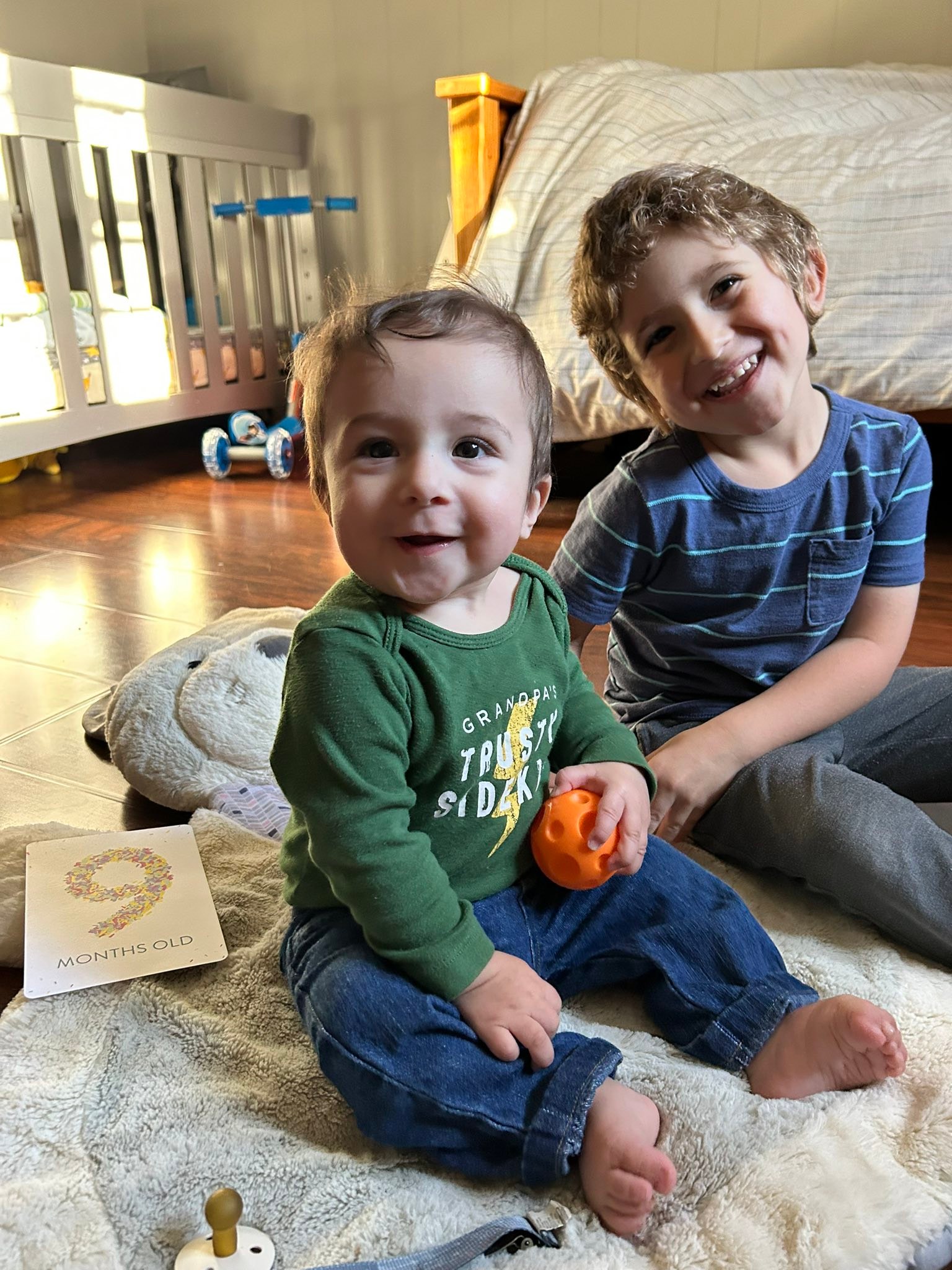 9 months
Could it be just nine months ago that we got to meet you, after nine months you growing and us waiting?
You’re still growing and maturing every day. Your smiles and round little cheeks light up the world around you. Your big brother is your absolute favorite person in the world second maybe only to Bubbe.
We’ve had so much fun in the last month watching you learn to crawl, sit up on your own, interact more and more every day and develop your own little personality.
You absolutely love to eat real food and Bamba is your favorite snack. Your cuddles are the yummy and your giggles contagious.
Rafi we all love you so much.