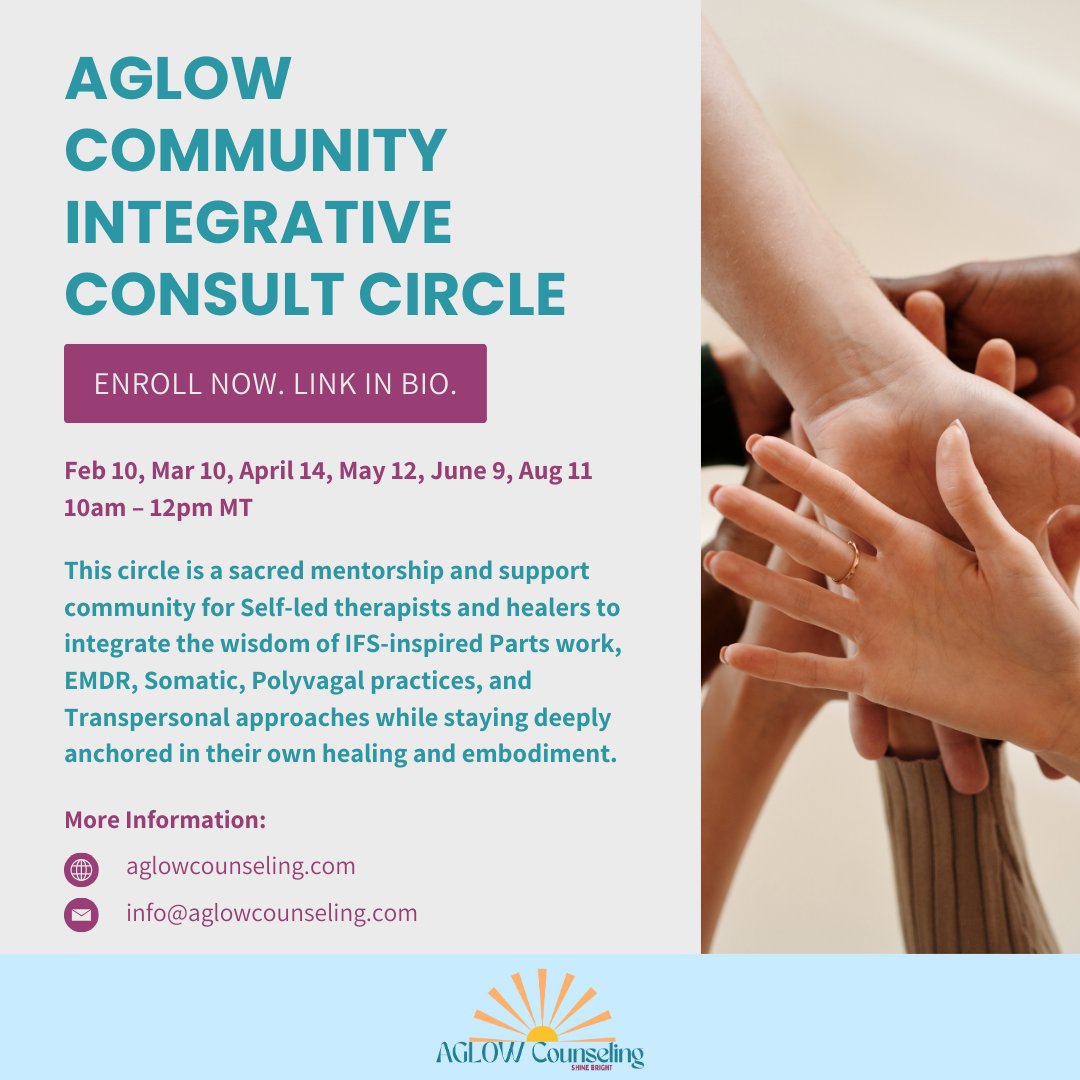 Are you ready to amplify your capacity for transformation and bring a deeper level of wisdom to your client work?
Our new Integrative Consult Circle—kicking off this February—is a soulful, supervised space for therapists to weave together the power of Parts Work, EMDR, Somatic and Polyvagal practices, and Transpersonal approaches, with community support.
🗓️ Dates: Feb 10, Mar 10, April 14, May 12, June 9, Aug 11
⏰ Time: 10 am – 12 pm MT
Email stacy@aglowcounseling.com to secure your spot!
#IntegrativeConsultCircle #TherapistTraining #PartsWork #EMDRtherapy #SomaticExperiencing #TranspersonalPsychology #AglowCounseling