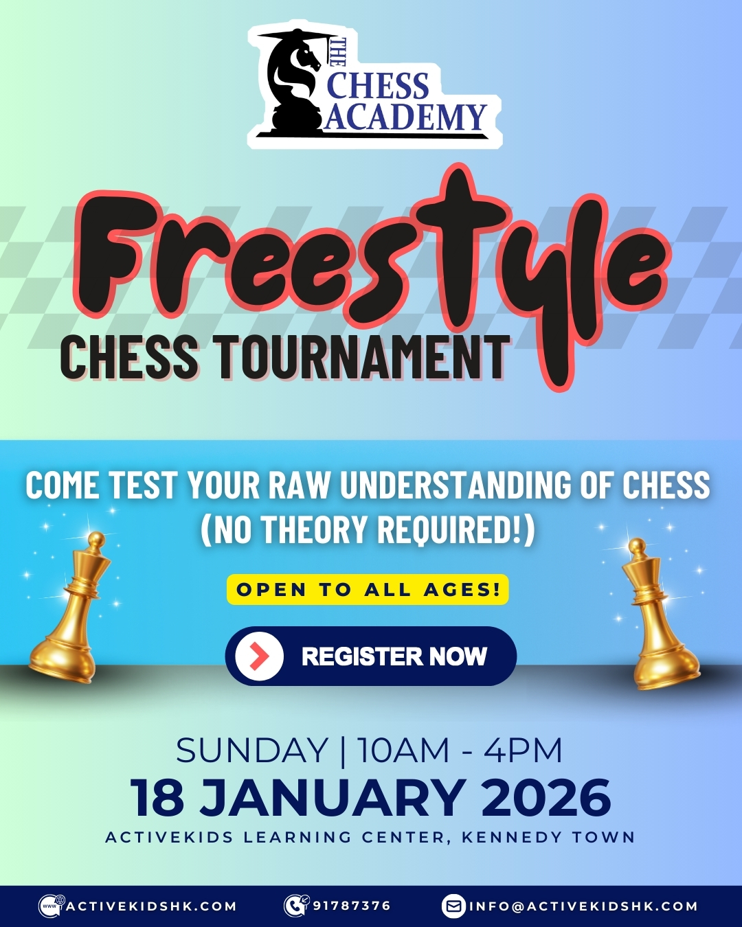 The FIRST TCA FreeStyle Tournament of 2026! 🏆🧠
Forget the opening theory. It’s time for pure strategy. The FreeStyle format strips the game back to raw skill and creative brilliance. Start your year by proving you’re the ultimate strategic master and claim your share of the cash prizes. Open to all ages!
EVENT MUST-KNOWS:
* 🗓 Sunday, 18 Jan (10AM - 4PM)
* 📍 ActiveKids Learning Center, Kennedy Town
* 💰 Top Prize: $1,000 CASH ($500 for 2nd!)
* ♟ 7-Round Swiss (15m + 5s)
* 💲$300 Entry (TCA RTM Students: Half Price!)
Kick off the new year by proving you're a true strategic master!
➡️ link in bio