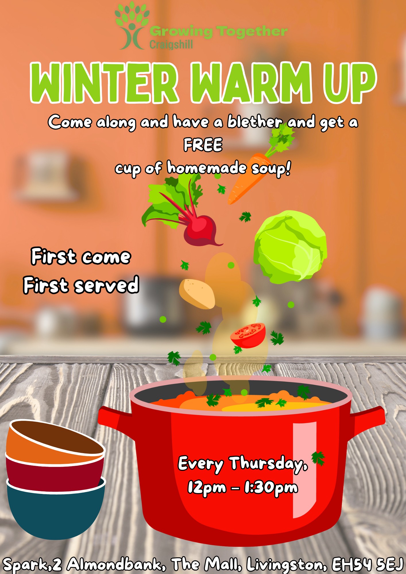 🥣 Winter Warm Up! 🥣
Join us this Thursday for our weekly Winter Warm Up at Spark!
Come along for a blether, meet new faces, and enjoy a FREE cup of homemade soup – first come, first served!
📅 Every Thursday
⏰ 12pm – 1.30pm
📍 Spark, 2 Almondbank, The Mall, Livingston, EH54 5EJ
Wrap up warm and pop in - we’d love to see you there! 💚
Spark Almond Housing Association West Lothian Youth Action Project