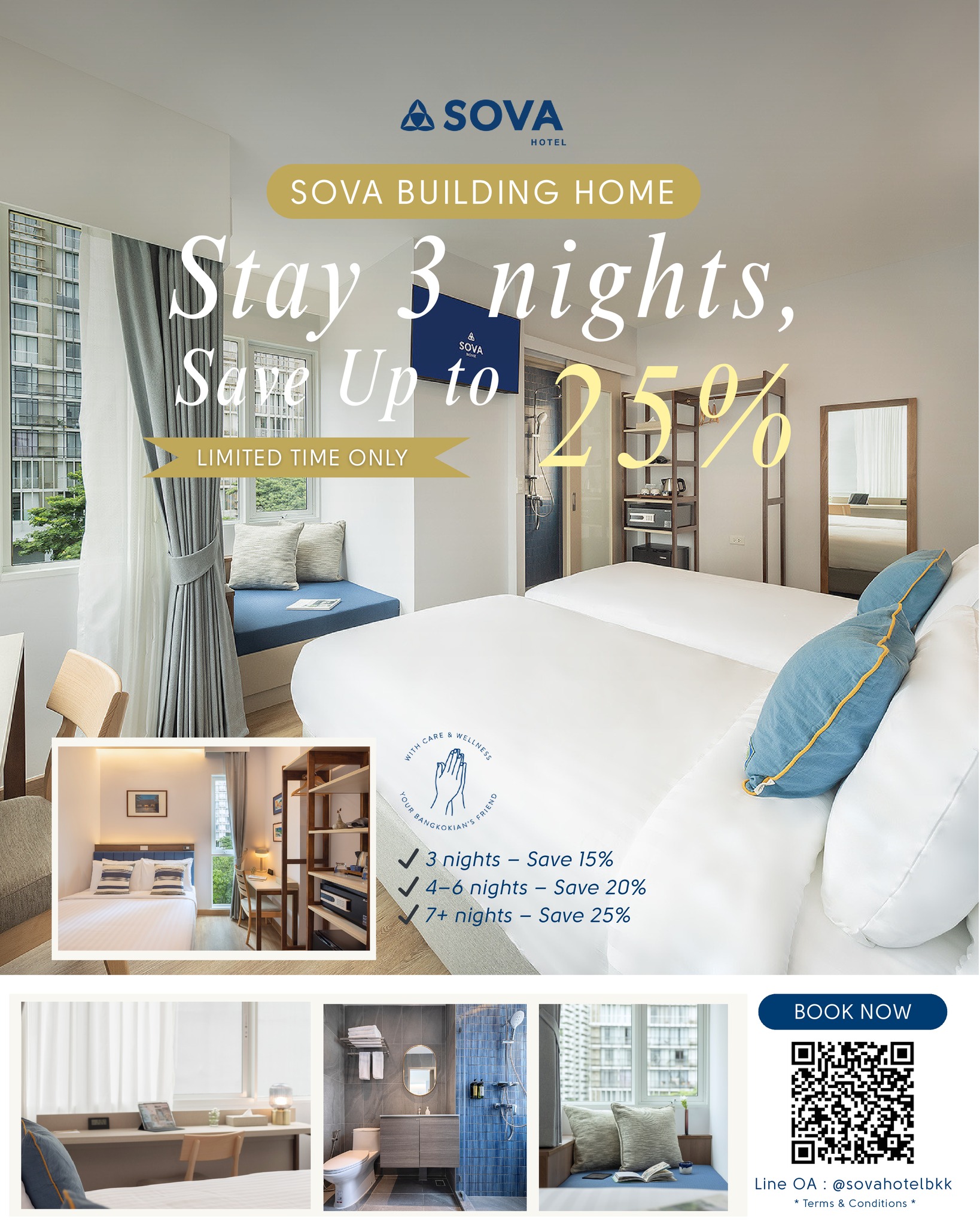 Stay 3 Nights. Save Up to 25% at SOVA Hotel Bangkok, Sukhumvit ✨
Looking for a great hotel deal in Sukhumvit, Bangkok
Our Direct Booking Flash Deal gives you special long-stay discounts you won’t find on anywhere else.
Enjoy a stylish stay in one of the best-located hotels in Sukhumvit, close to BTS, shopping, dining, and business areas — and save more when you stay longer.
✔ 3 nights – Save 15%
✔ 4–6 nights – Save 20%
✔ 7+ nights – Save 25%
📅 Book now until 31 January 2026
🏨 Stay until 28 February 2026
⚠️ Limited rooms
Terms & Conditions
•Book Period: Now - 31 Jan 2026
•Stay Period: Now - 28 Feb 2026
•This promotion is for reservation at SOVA Building Home only
•This promotion is full payment required (50% deposit available for stays of 7+ nights)
•This promotion is non-refundable
•Reservation is subject to availability
•Dates cannot be modified after confirmation
•Roomtype upgrade is subject to availability and additional charges may apply
•Parking first come first served(up reservations)
📩 Message us or book direct to get this special Sukhumvit hotel promotion
SOVA Hotel Sukhumvit 22
📞 Tel: +66 82-275-0469
💬 Line ID: @sovahotelbkk
📧 Email: hello@sovahotelbkk.com
#sovahotelbkk #comfyfriendly #yourbangkokiansfriend #sovanewbuilding #hotelnearuoblivebkk #hotelnearbtsphromphong #hotelnearqsncc #hotelatsukhumvit22 #sukhumvit22 #โรงแรมย่านสุขุมวิท #bangkokhotel