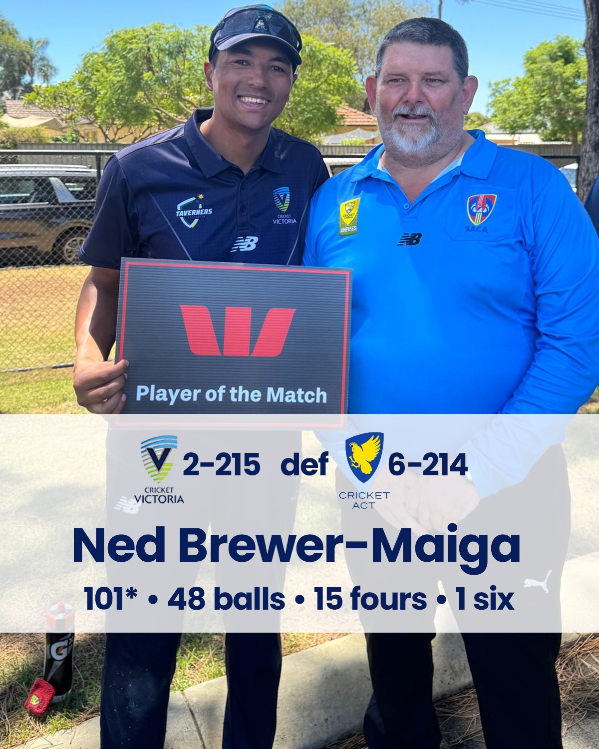 It's raining runs in Perth
Another win for the Vics in their final round. VIC 2-215 defeated ACT 6-214.
Huge effort in the field with all wickets taken by run-out.
Congratulations to Skipper and legend @ned_brewer_maiga on being awarded Westpac Player of the Match with 101* (48) inc 15 fours and a six!!
Vics now play South Australia in the semi final this afternoon (5:30pm AEST), with hopes of winning a berth in the Grand Final tomorrow.
Good luck team!! #govics🔵⚪️