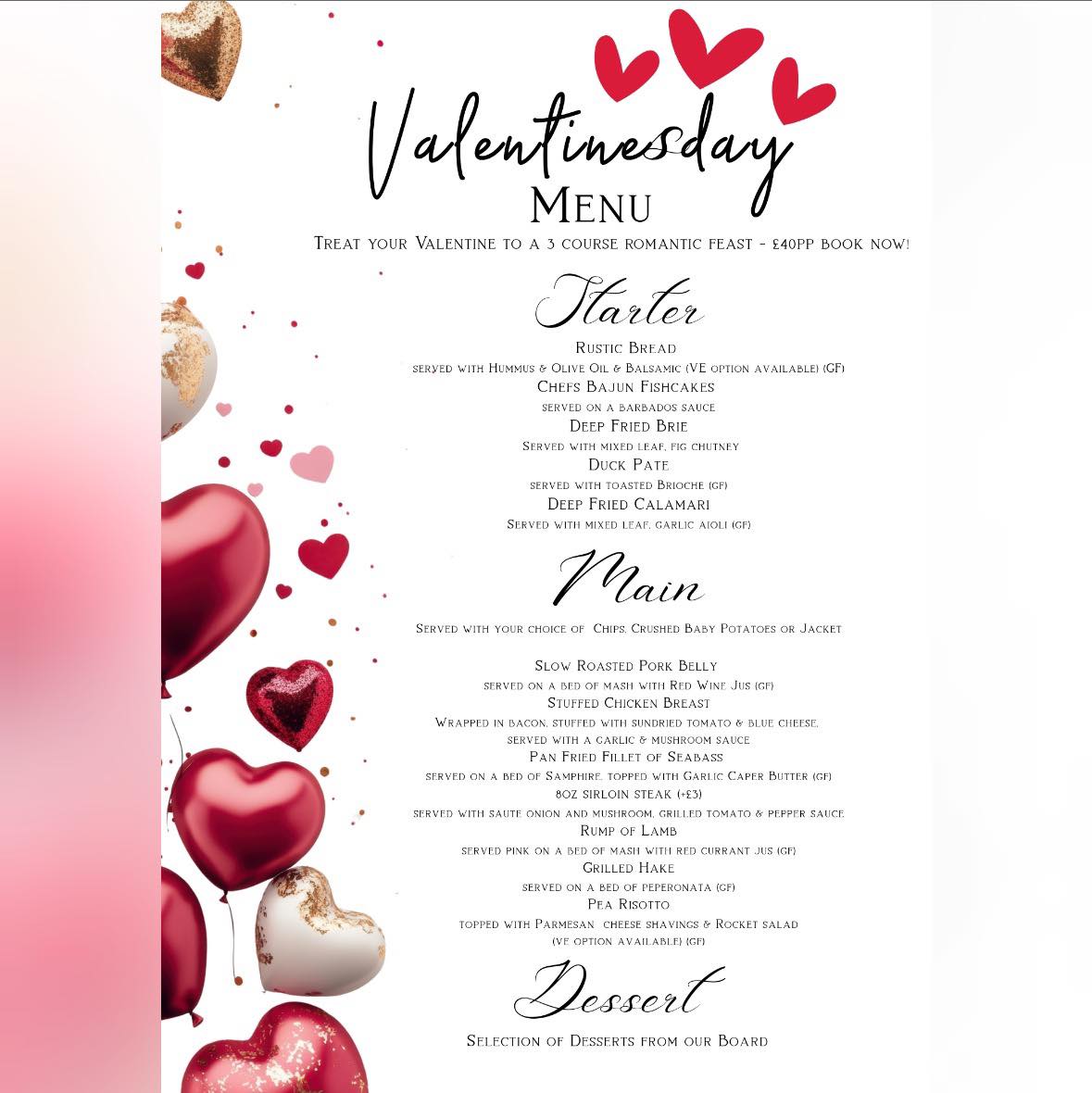 Romance starts here ๐
โจ Valentineโs Day 3-course menu โ ยฃ40pp
๐
Saturday 14th February
๐ Tables booking now