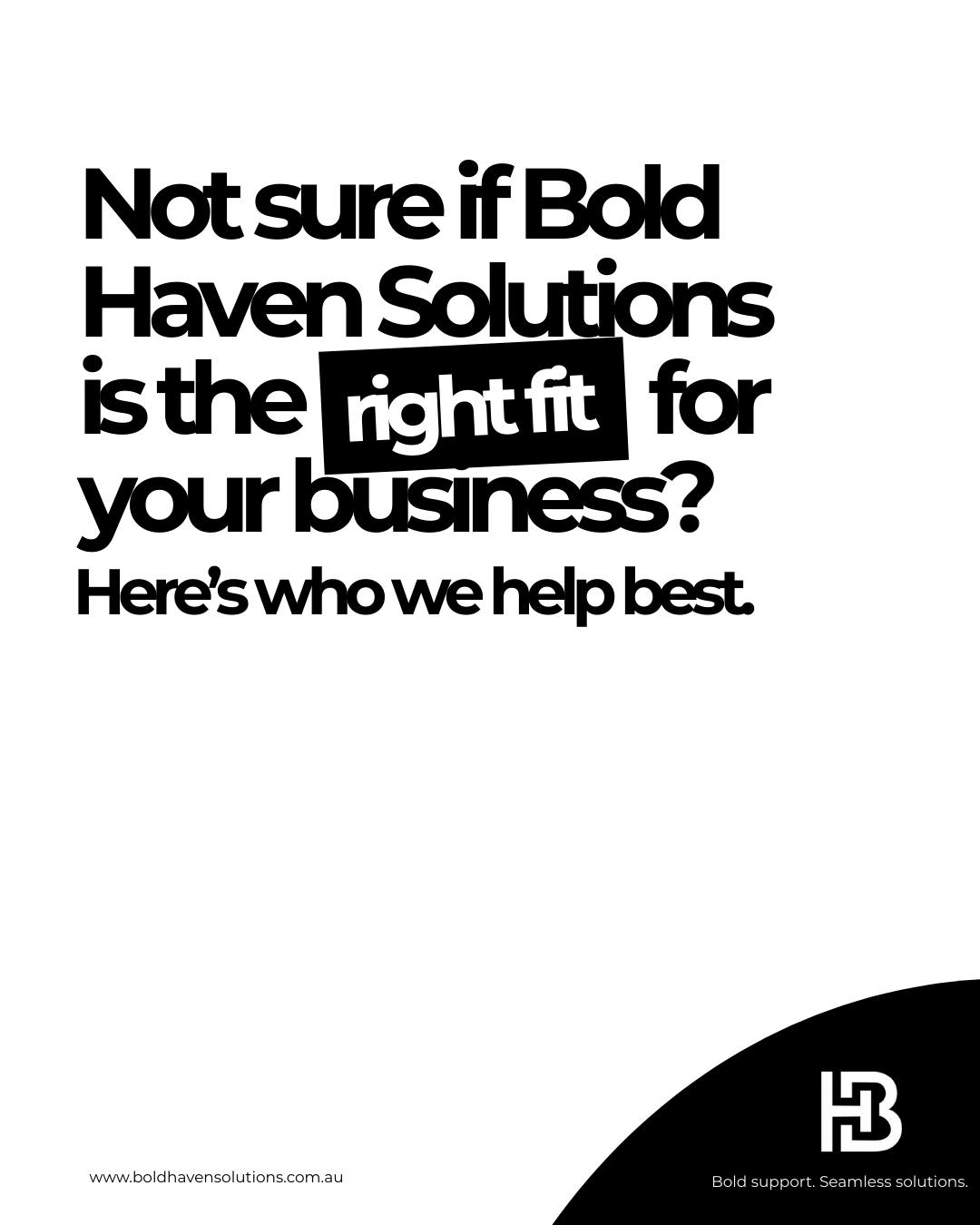 Wondering if Bold Haven Solutions is the right fit for your business?
We work best with certain types of businesses… but who exactly? 👀
Check out the post to see if your business makes the list!
#BusinessSolutions #ChristmasGreetings #BusinessSupport #BusinessGrowth #adelaide #australia #boldhavensolutions