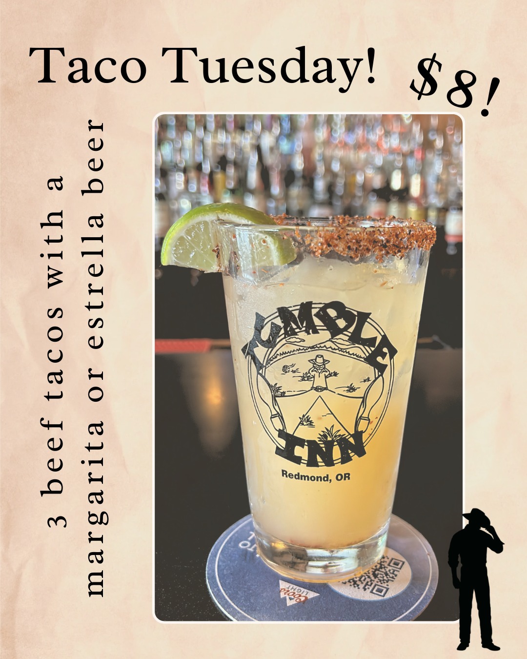 Three beef tacos + a marg or Estrella for $8. 🌮🍺
That’s not a typo — that’s Taco Tuesday at The Tumble.
Whos coming?!
#divebardeals #TacoTuesday #TumbleInn #RedmondOR #CheapEats #DiveBarDeals #TumbleInnRedmond #DiveBarFun #localbusiness #thetumble #RedmondORBars #RedmondOregon #RedmondDiveBar #redmondoregon #RedmondOR #TumbleInn #thetumbleinnredmond #localhangoutredmond #centraloregon #TumbleInnTavern #localsknow #LocalBarLife #LocalSpot #TumbleInnEats #tumbleinnredmond #RedmondTacos #redmondtacotuesday #TacoTuesday #TacoLovers #TacoTuesdayRedmond