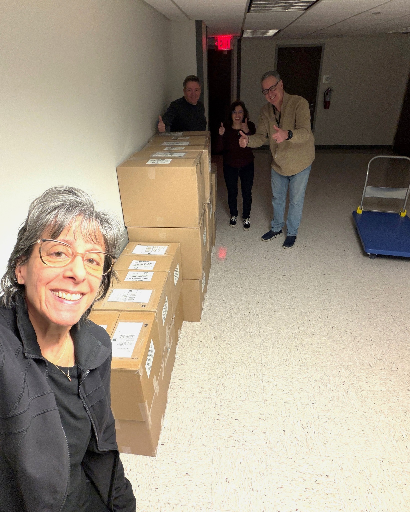 This is what happens on a Saturday morning when 2 sets of Bite Me Cancer parents get together to ship out 150 Teen Support Bags to many hospitals! Ready for UPS pickup! ๐๐