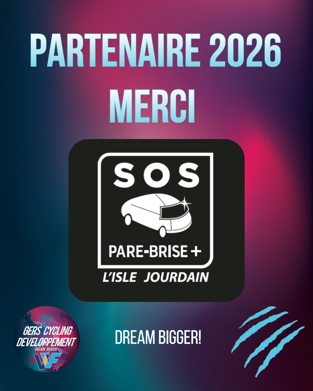 🔹 Partenaire du Gers Cycling Développement 🔹
La fiabilité passe aussi par les détails.
Avec SOS Pare-Brise L’Isle-Jourdain, le Gers Cycling Développement s’appuie sur un acteur local spécialisé dans la réparation et le remplacement de vitrages automobiles.
Un partenaire de proximité, au service des particuliers comme des professionnels, qui accompagne également ses clients dans les démarches liées aux assurances.
Implanté à L’Isle-Jourdain, SOS Pare-Brise partage avec le GCD l’importance de la réactivité, de la rigueur et de l’ancrage territorial.
🤝 Merci à SOS Pare-Brise L’Isle-Jourdain pour son soutien.
Rêvons plus grand, ensemble 🚴♂️✨