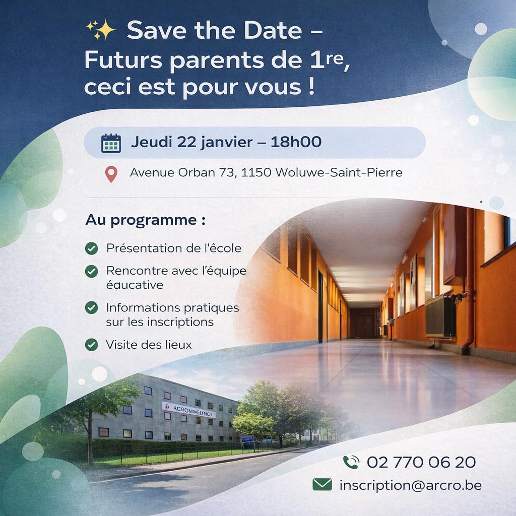 Blue Monday ? On a trouvé le remède : une école où votre adolescent va s'épanouir.
Transformez la journée la plus déprimante de l'année, un premier pas vers un choix d'école dont vous serez fiers.
✨ Save the Date – Futurs parents de 1re, ceci est pour vous !
L'Athénée Royal Crommelynck vous ouvre ses portes pour une soirée d'informations dédiée aux inscriptions et à la découverte de notre établissement.
📅 Jeudi 23 janvier – 18h00
📍 Avenue Orban 73, 1150 Woluwe-Saint-Pierre
Au programme : découverte de nos options, échanges avec l'équipe pédagogique, et toutes les réponses à vos questions sur les inscriptions.
📞 02 770 06 20
📧 inscription@arcro.be
On vous attend jeudi pour mettre un peu de couleur dans cette semaine maussade ! 💙➡️🌟