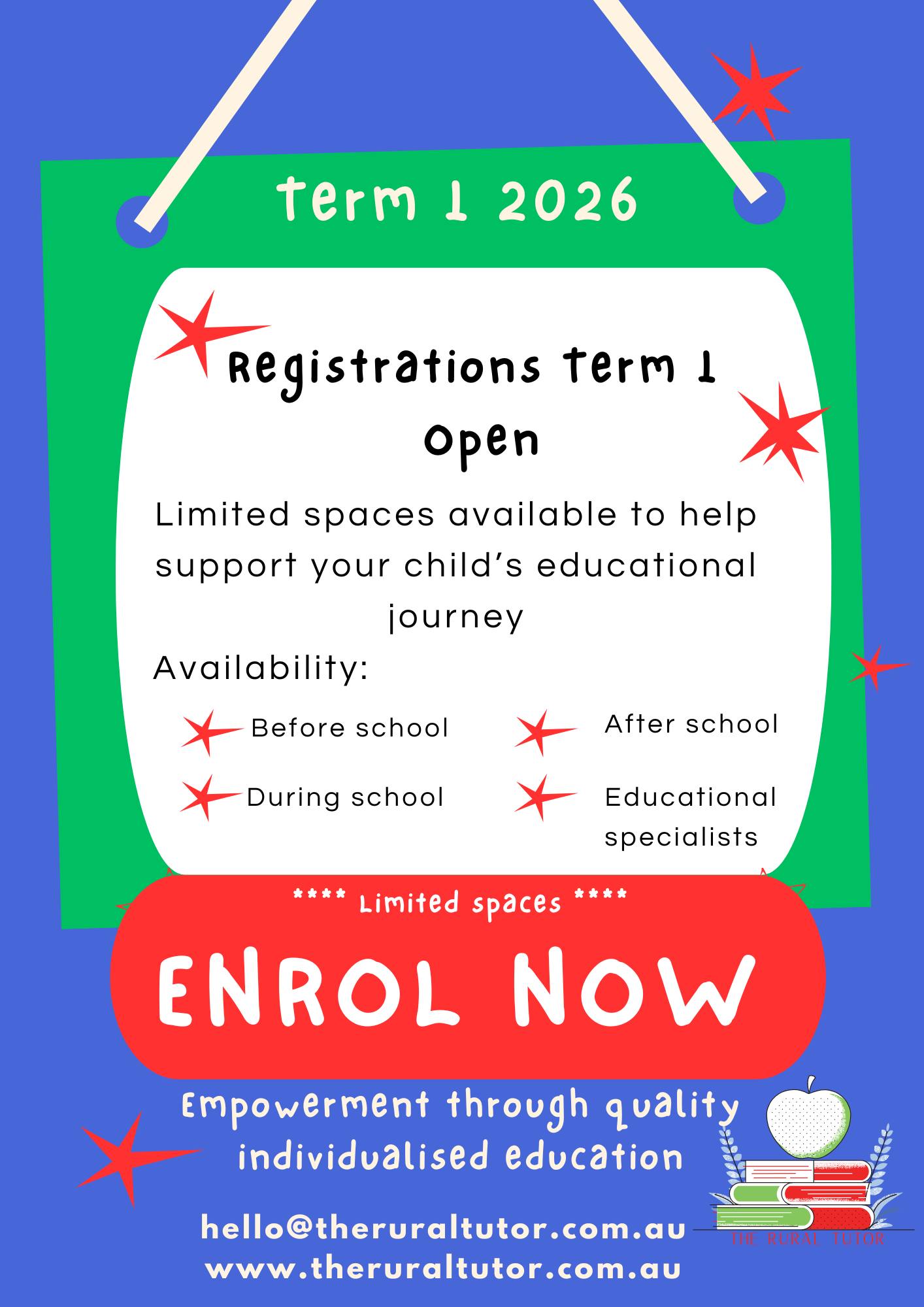 Our qualified literacy and numeracy educators are keen to help support your child.
Limited spaces available
* Face-to-face in Gunnedah *
* Online *
*Homeschooling support*
Reach out to secure your spot!
https://learn.theruraltutor.com.au/user-registration?instituteId=69262aa712246982bd459af7