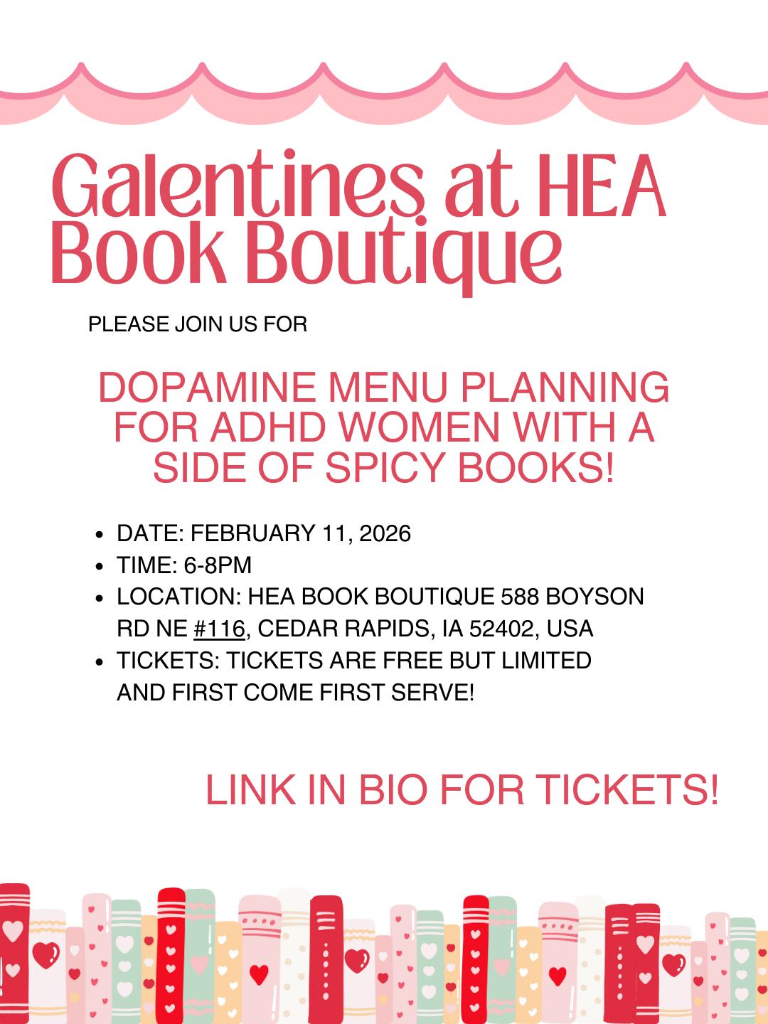 This Galentine's event is not just about books; it's about building a supportive community of women who understand the challenges and joys of navigating life with ADHD. Whether you’re looking to learn something new, find inspiration, or simply enjoy the company of like-minded individuals, this event is for you!
Tickets are free but limited to visit the link in bio to reserve yours today!