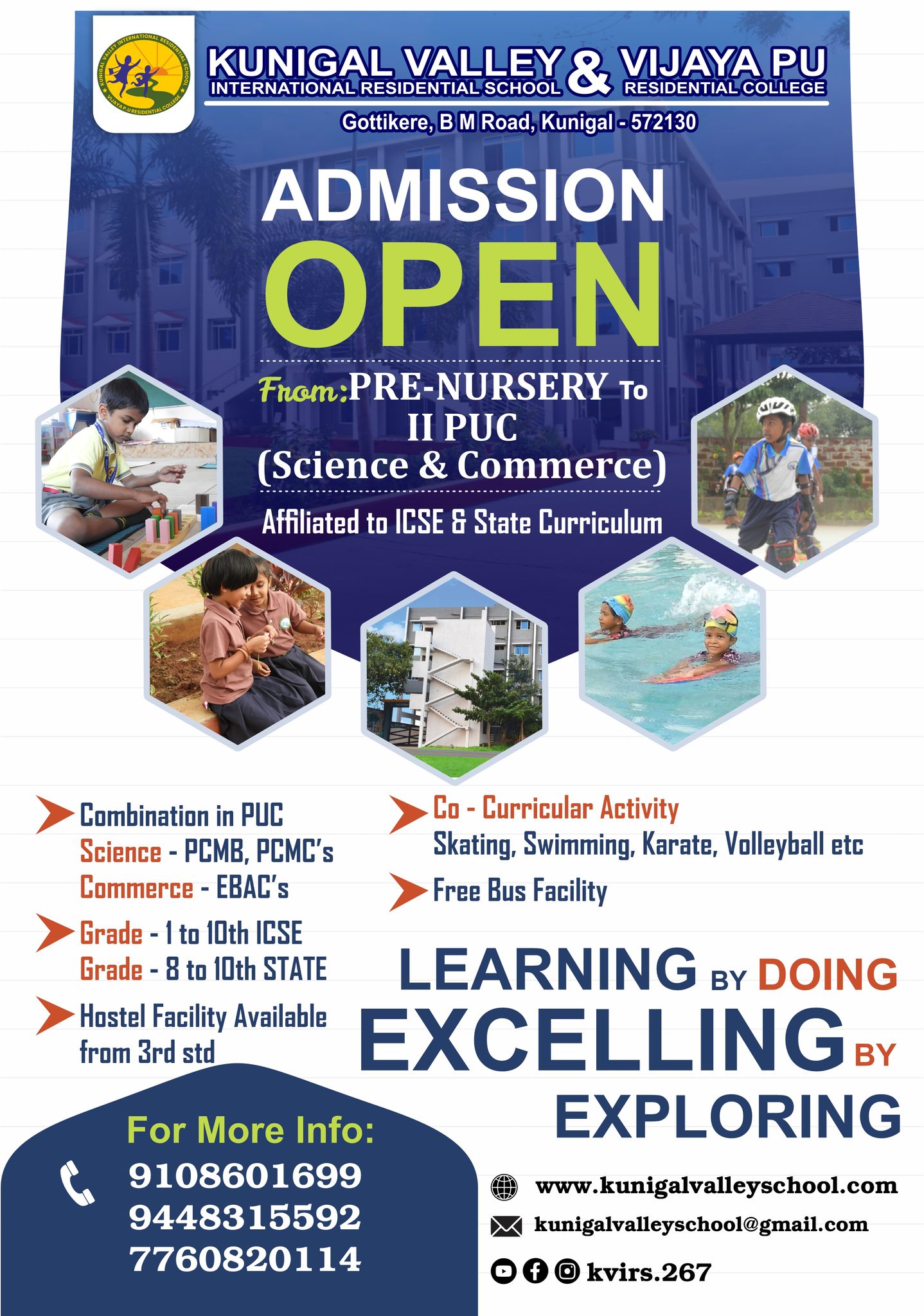 Building strong foundations and shaping successful futures.
๐ซ KUNIGAL VALLEY INTERNATIONAL RESIDENTIAL SCHOOL (KVIRS)
๐ ICSE & State Curriculum
๐ถ Classes: Kindergarten to Grade 10
๐ก Residential & Day School
๐ Smart Classrooms | Modern Labs | Sports & Activities
๐ฟ Safe, Green & Disciplined Campus
๐ VALLEY PRE-UNIVERSITY COLLEGE (VPUC)
๐ PUC โ Karnataka Board
๐ฌ Science Stream: PCMB | PCMCs
NEET | JEE | KCET
๐ผ Commerce Stream: CEBA
๐ Expert Faculty | Exam-focused Coaching | Career Guidance
๐ Limited Seats Available โ Enroll Early!
๐ Contact: +91-9108601699| 9448315592| 7760820114
๐ Campus: Kunigal Valley Institutions
โจ Learn. Lead. Succeed.