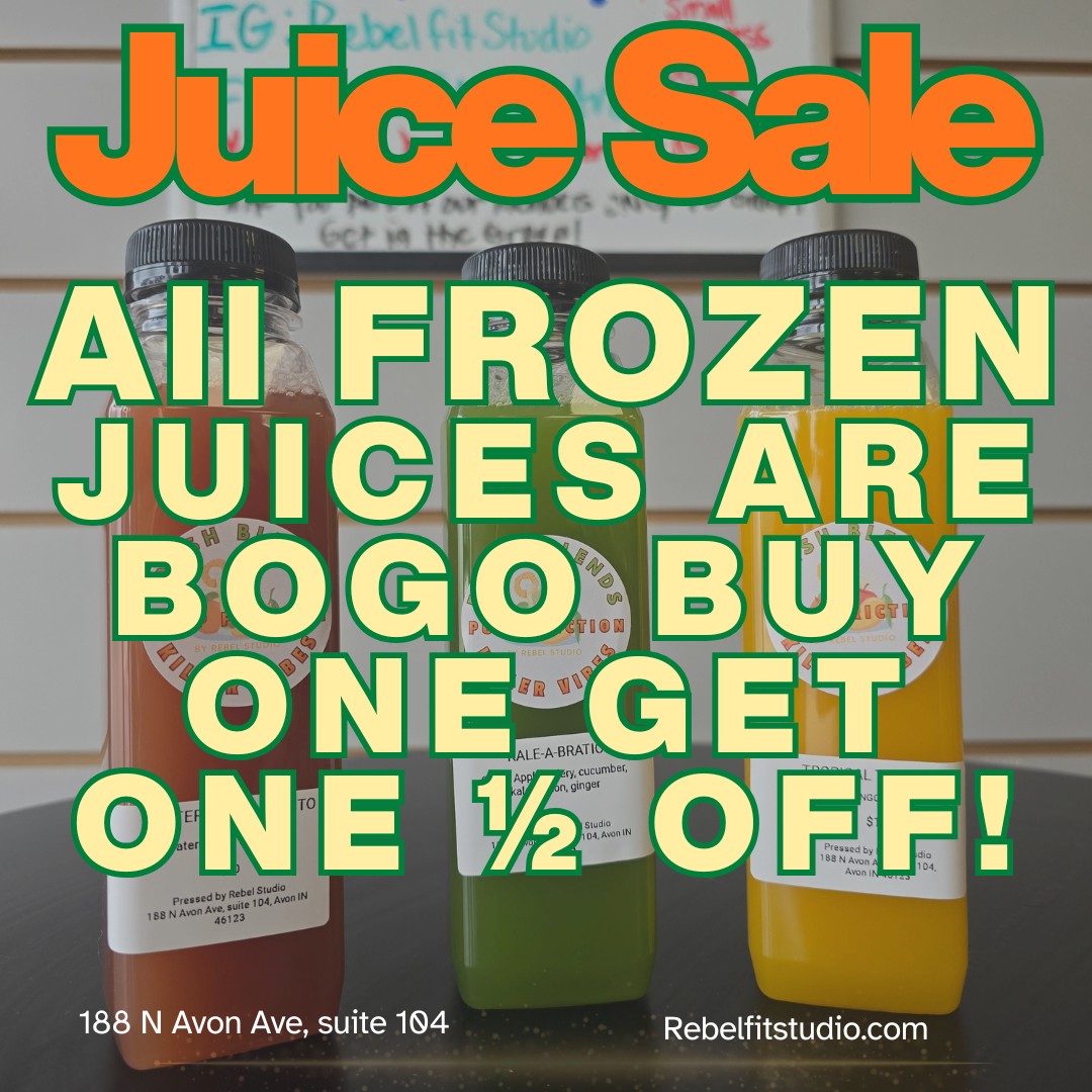 Last change! Make sure you take advantage of our freezer sale after class! All frozen juices are BOGO- Buy one get one 1/2 off! For a limited time, while supplies last.
.
.
.
.
.
. #rebelfitstudio #rebelsalwaysrise #hendrickscountyindiana #brownsburgindiana #danvillein #plainfieldindiana #avonin #Community #cardioworkout #shoplocal #smallbusiness #momsofinstagram #HendricksCountyIN #yogaisforeverybody #brownsburgin #ShopSmall #yogaeverydamnday #lovethebodyyourein #strongisthenewpretty #317yogis #pulpfrictionavon #hotyogalife #organicjuice #healthylifestyle #cleaneating