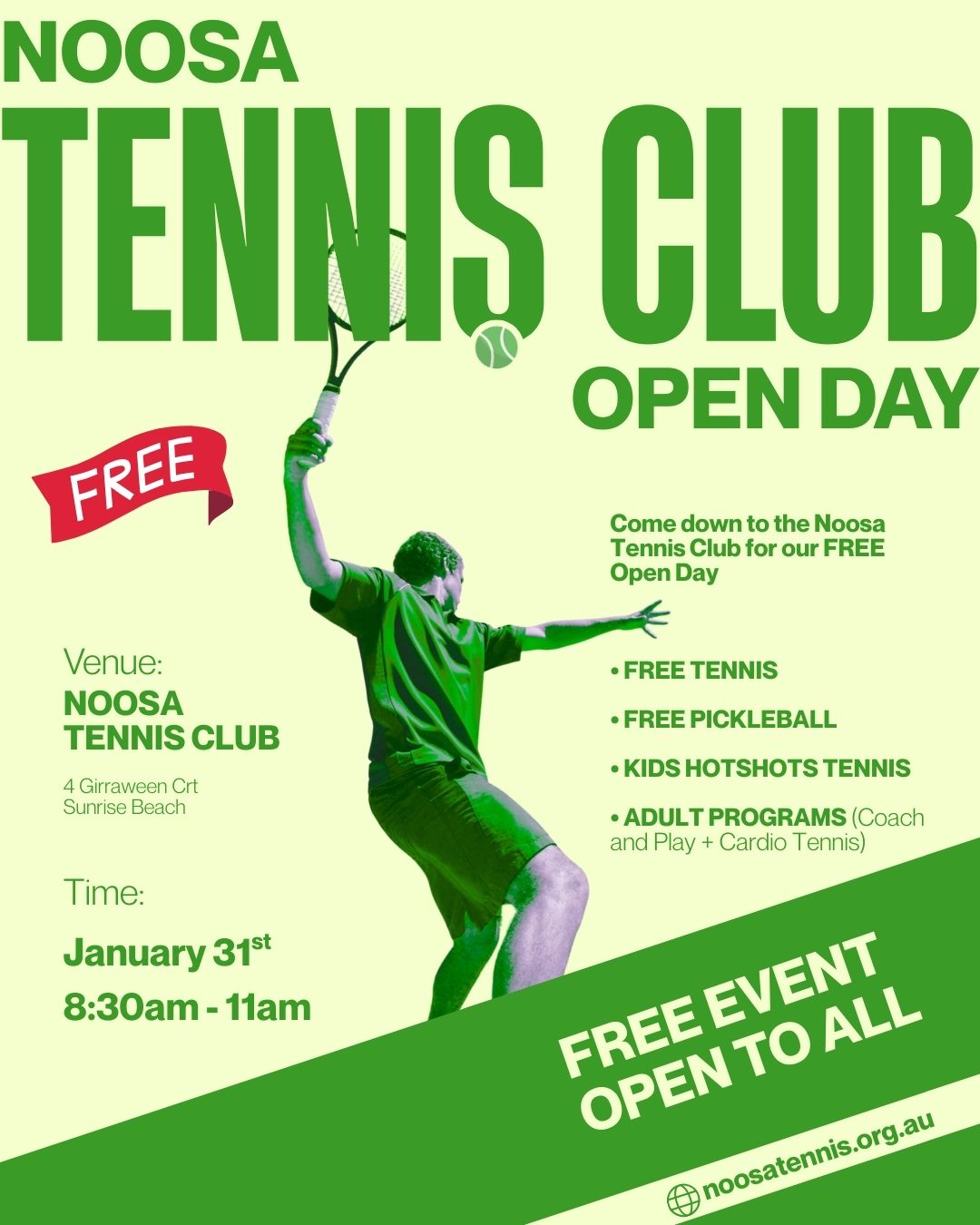 🎾 NOOSA TENNIS CLUB OPEN DAY – FREE EVENT! 🎾
Curious about tennis or pickleball? Looking for a fun activity for the kids or a new way to get active? Come along to our FREE Open Day at Noosa Tennis Club!
📍 Noosa Tennis Club
4 Girraween Court, Sunrise Beach
🗓 January 31st
⏰ 8:30am – 11:00am
What’s on:
✅ Free Tennis
✅ Free Pickleball
✅ Kids Hot Shots Tennis
✅ Adult Programs – Coach & Play + Cardio Tennis
Perfect for all ages and abilities — whether you’re picking up a racquet for the first time or getting back into it.
👉 Free event & open to all – just turn up and have a hit!
🔗 More info: noosatennis.org.au
