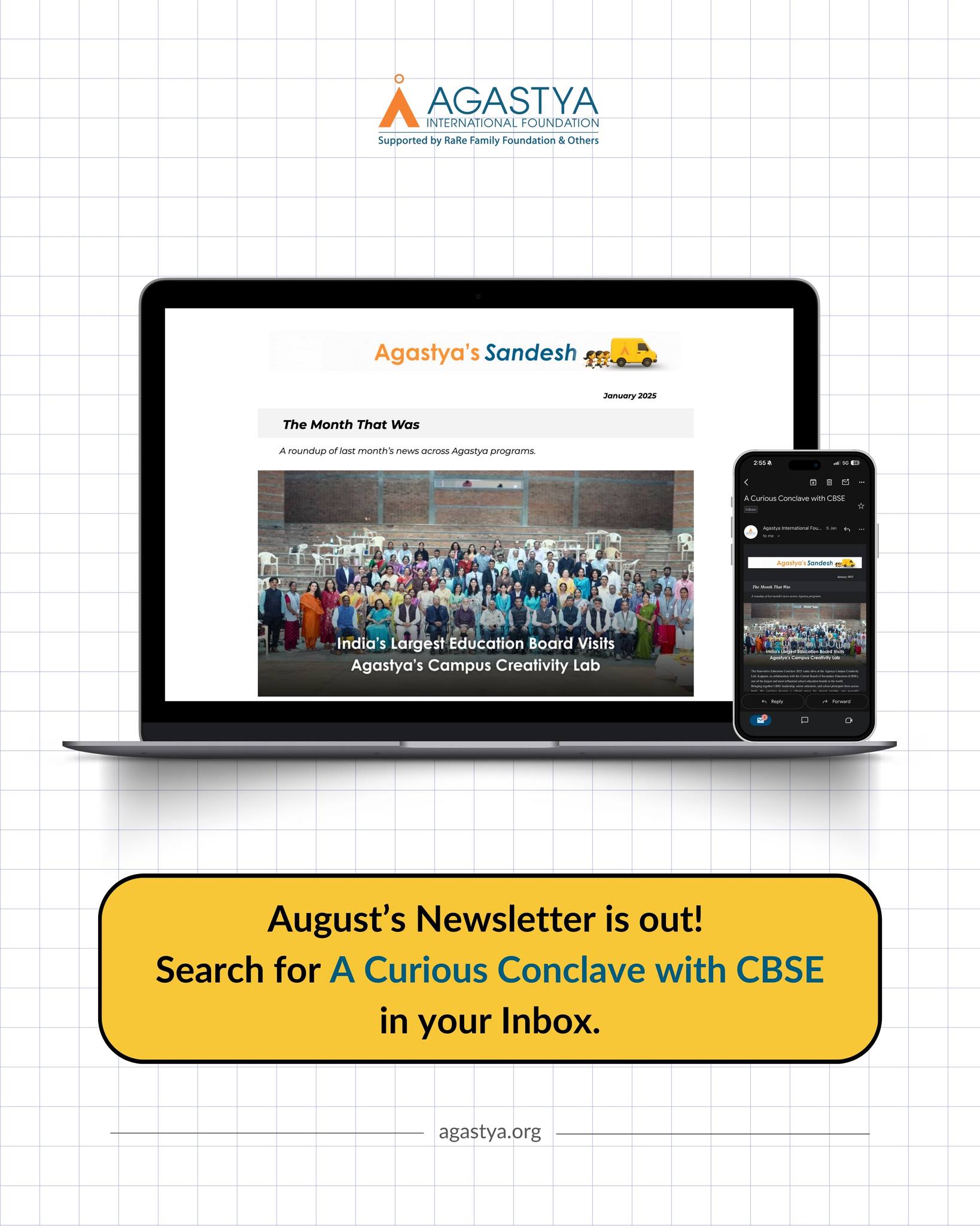 The latest Agastya’s Sandesh is live in your inbox!
From recognition as an iconic organisation in education to new data and AI learning spaces and national math celebrations, January’s edition is packed with stories that shine.
Search “A Curious Conclave with CBSE.”
Not subscribed yet? Visit www.agastya.org to subscribe to the monthly news.