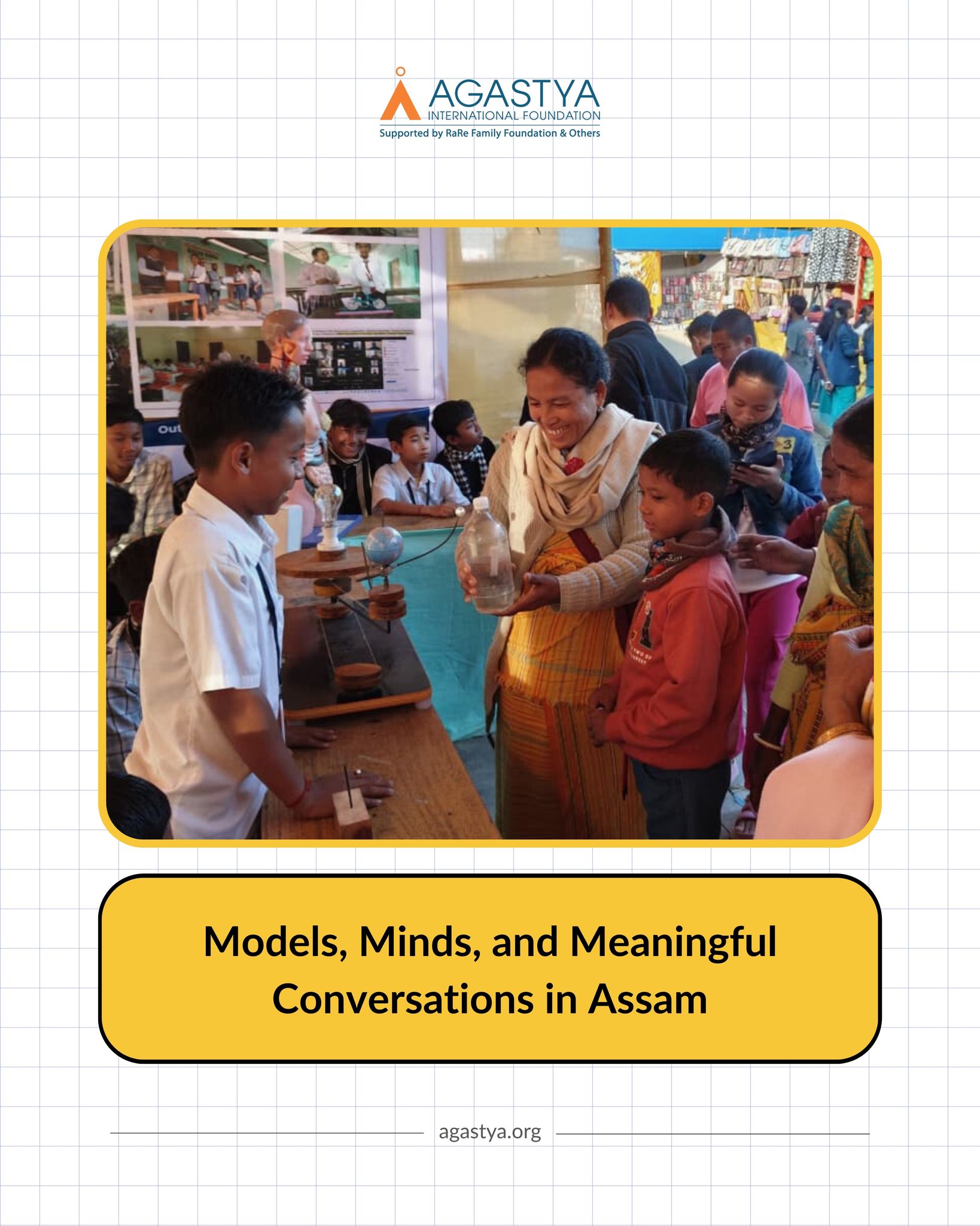 The 65th Annual Conference of the Bodo Sahitya Sabha was held from January 9 to 11 in Bijni, Chirang, Assam.
As part of the exhibition, Agastya participated with a model exhibition stall set up in collaboration with the Bodo Sahitya Sabha Committee. Over three days, nearly 20,000 people visited the exhibition and experienced hands-on learning in action.
Twenty Young Instructor Leaders, guided by Agastya's ignators, played a key role in engaging visitors with the models. The team’s efforts were recognised with a Certificate for Best Performance in the Exhibition, awarded by the committee.