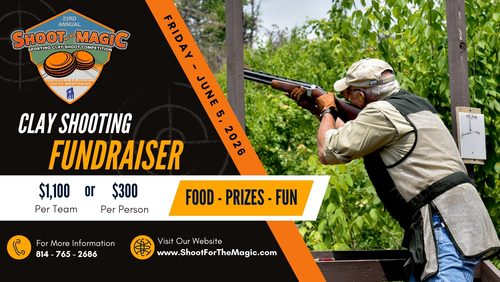 🎯 SAVE THE DATE! 🎯
The 23rd Annual Shoot for the Magic is coming your way!
📅 Friday, June 5, 2026
📍 Sporting Clay Shooting Fundraiser
💛 Benefiting Children’s Aid Society Youth Mentoring Programs
Get ready for a day filled with friendly competition, great food, exciting prizes, and plenty of fun — all while supporting local youth in our community.
Mark your calendars now and stay tuned for registration details!
🔗 www.ShootForTheMagic.com
✨ Help us make magic happen — one shot at a time.