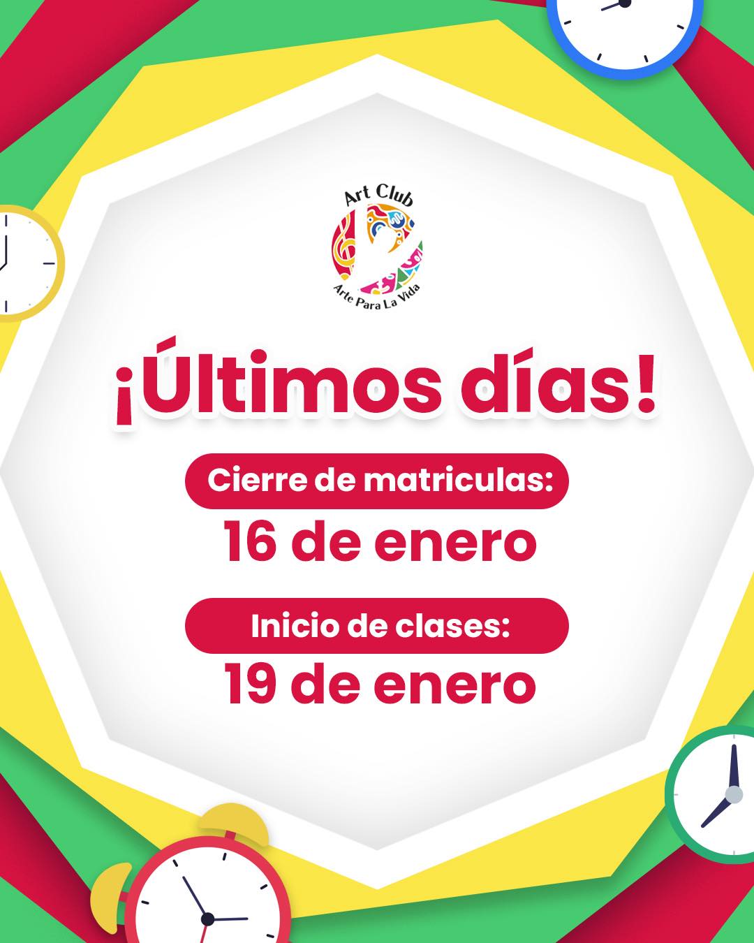 🎉✔️En Art Club ya tenemos todo listo para recibirte, solo faltas tú.
Recuerda que tenemos cupos limitados por curso para garantizar que cada artista reciba la atención que merece🎉
✅ Último día de inscripción: 16 de enero.
✅ Gran inicio de clases: 19 de enero.
¡Prepárate para crear! Inscríbete ahora en el enlace de nuestro perfil. 🖌️🎶