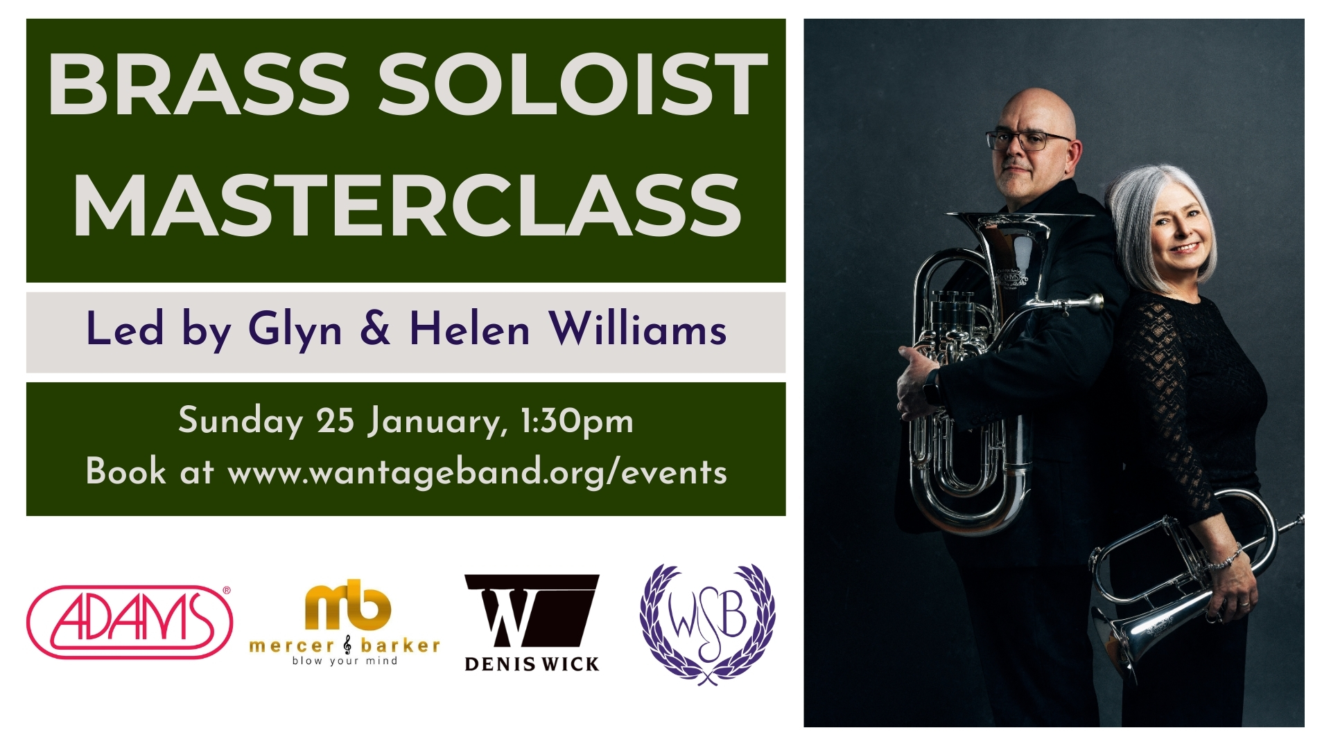 We have some brilliant performers lined up to perform to Glyn and Helen next Sunday in this Soloist Masterclass. We need spectators to come along and support them too!
Come along and join us for one, two or even all three events in what is going to be a fantastic day:
Brass Band Workshop
๐ 10:30am
๐Wantage Silver Band, OX12 8FR
๐ซ ยฃ5.00
Brass Soloist Masterclass
๐ 1:30pm
๐Wantage Silver Band, OX12 8FR
๐ซ FREE
Wantage Band in Concert with Glyn and Helen Williams
๐ 6:00pm
๐Wantage Parish Church of St Peter & St Paul, OX12 8AJ
๐ซ ยฃ12.00 | ยฃ10.00 | ยฃ5.00
Tickets for all three events can be booked at www.wantageband.org/events
#BrassBand #TakePart #JoinUs #LiveMusic #Workshop #Masterclass #Wantage #Oxfordshire