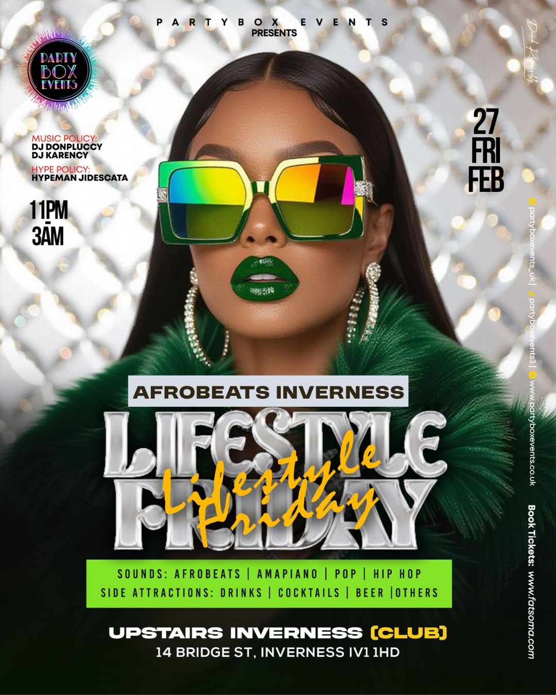 ✨🔥 AFROBEATS INVERNESS: LIFESTYLE FRIDAY 🔥✨
Step into the vibe and elevate your Friday with Afrobeats, Amapiano, Hip Hop & Pop all night long.
🗓 Friday 27th February
⏰ 11PM–3AM
📍 Upstairs Inverness
🎧 Music by DJ Don Pluccy & DJ Karency
🎤 Hype by Hypeman Jidescata
🍸 Drinks, cocktails & party energy guaranteed
Tickets - Link in bio x
Dress fresh, move different, live the lifestyle. 💚💃🏽