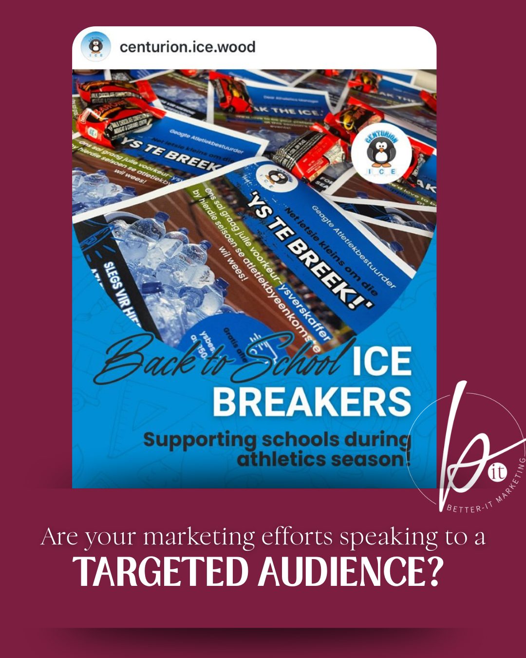 Great marketing isn't just about pretty visuals; it’s about understanding who your audience is and why they need you at this exact moment.
Every marketing effort you pursue for your clients should be rooted in this strategy, ensuring that every message hits the right person on the perfect channel.
For example, one of our loyal clients, Centurion Ice and - Wood recently needed to reach Tshwane schools right before the athletics season. To help them "break the ice," we designed and delivered a targeted marketing gift to every school’s Athletics Manager— delivering the right message at the perfect time.
#betteritmarketing #centurionice #businesstobusinessmarketing #marketing #B2BMarketing