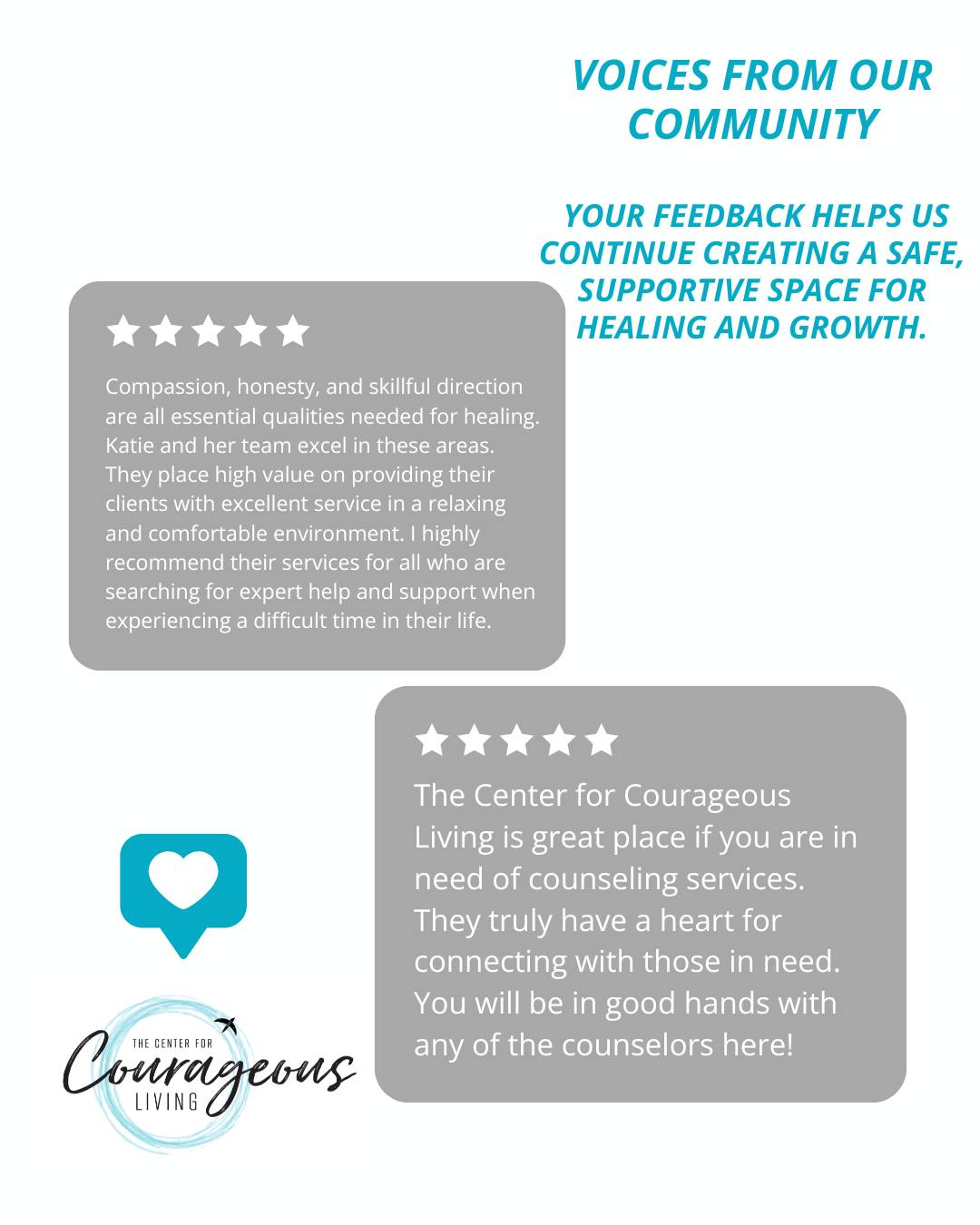 At The Center for Courageous Living, compassion, honesty, and skillful direction guide everything we do. We are intentional about providing efficient, client-centered care within a welcoming and comfortable environment—so individuals and families feel supported from their very first interaction.
Our highly trained clinical staff uses empirically supported, evidence-based therapeutic methods to help clients navigate difficult seasons, build effective coping skills, and create meaningful, lasting change. We believe quality care is rooted in both clinical excellence and genuine human connection.
Your feedback from our community reinforces our commitment to creating a safe, supportive space where healing and growth can truly take place.
📍 Crystal Lake, Illinois
📞 815-707-4806
📧 gia@centerforcourage.com
🌐 centerforcourage.com
#VoicesFromOurCommunity #ClientCenteredCare
#EvidenceBasedTherapy #ClinicalExcellence
#MentalHealthSupport #HealingAndGrowth
#TheCenterForCourageousLiving
#CrystalLakeIL #McHenryCountyIL