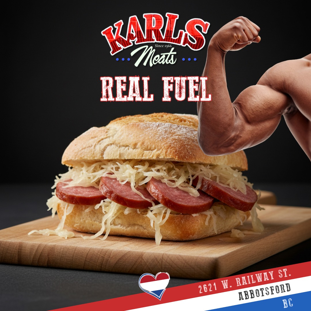 Simple food. Proper flavour. REAL FUEL.
Fresh supply just arrived. Our house-made rookwurst is rich, smoky, and made the traditional way — rich in natural B-vitamins and minerals that support energy, strength, and staying power. It’s the kind of food that holds you, not the kind that leaves you hungry an hour later.
Pair it your way at home with good bread, tangy sauerkraut, and mustard for an honest, no-nonsense meal.
No fillers. No fuss. Just proper food done right.
👉 Pick up fresh rookwurst, fresh bread or sourdough, mustard, and sauerkraut — all available at Karl’s Meats.
Smakelijk eten! 😋
— The Karl’s Meats Team 💪
#KarlsMeats #RealFuel #Rookwurst #DutchHeritage
#SupportLocal #TraditionalFoods #Abbotsford