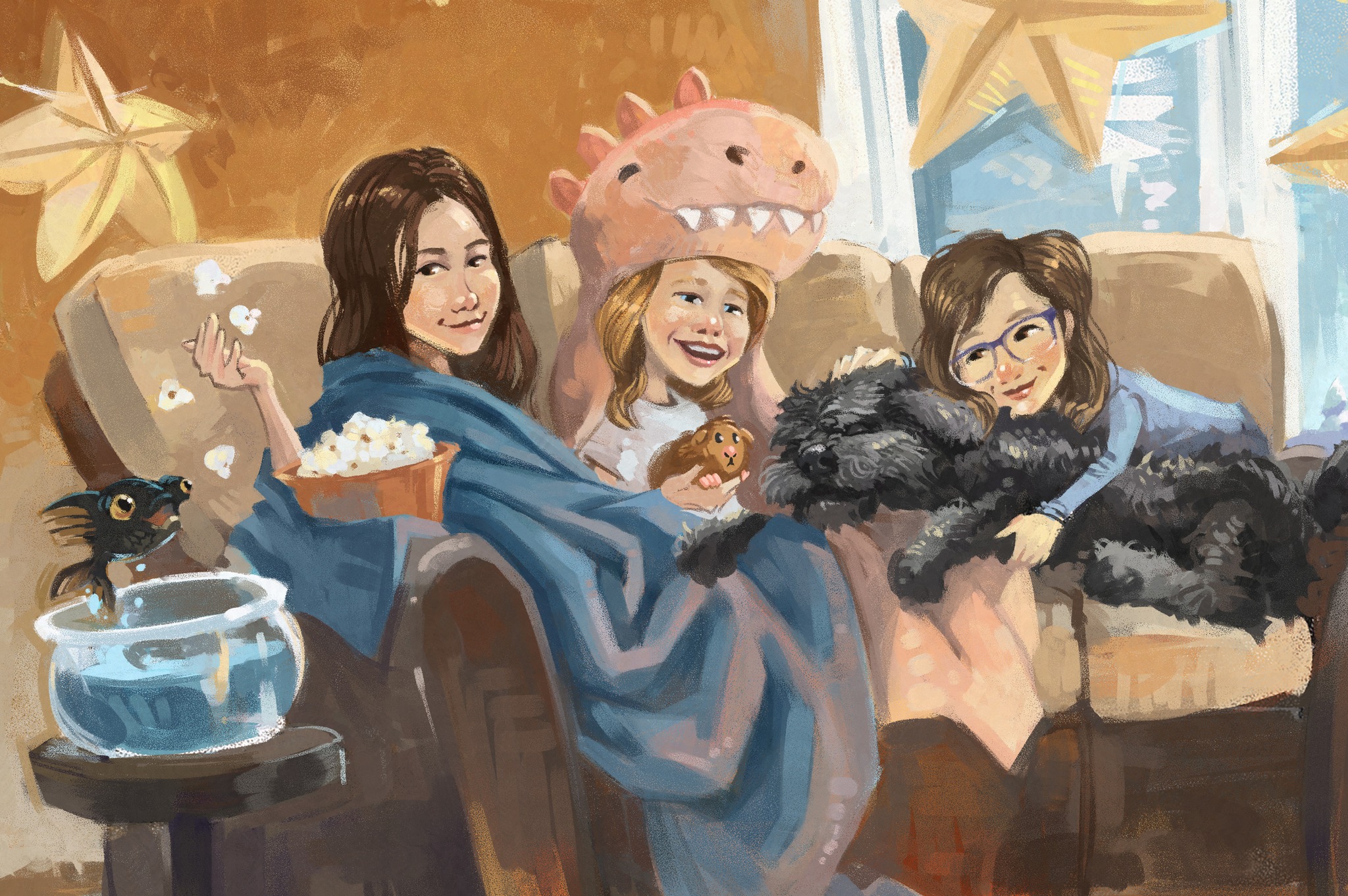 Our New Year's card. This year's theme was based on Evelyn's concept: "cozy and on the couch."
Wishing you all the best in this new season.
From: Evy, Julia, Sylvia, Gryphon the dog, Cocoa the guinea pig, and Tapioca the fish
And of course, Joanna and Keith