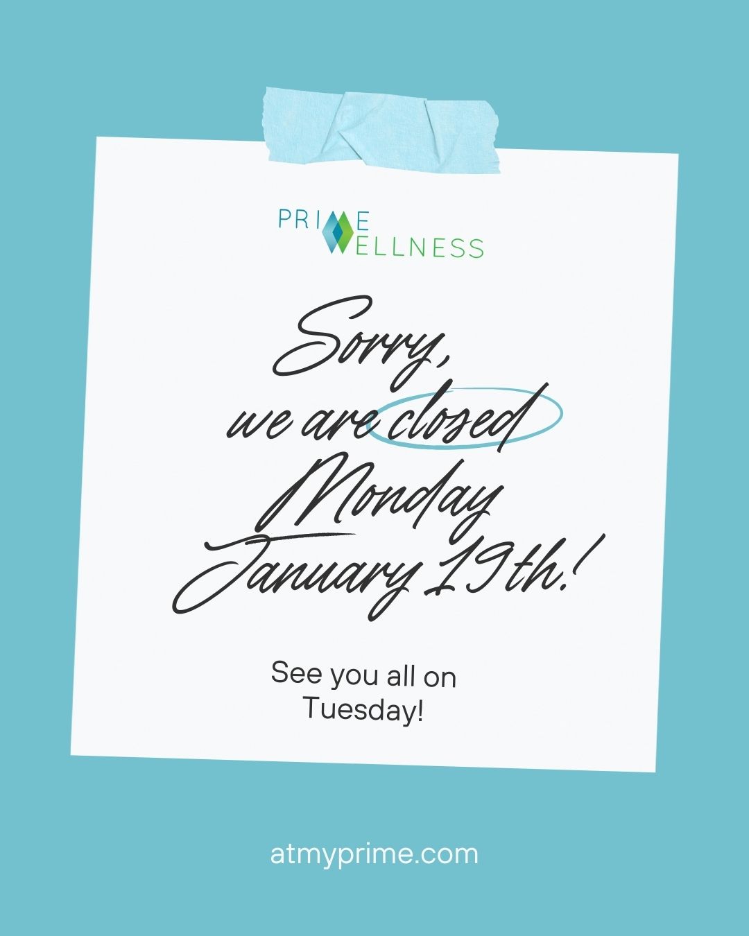 REMINDER: This Monday, 01/19 is MLK Day!
The Prime Wellness office will be CLOSED, but we will be back to our regularly scheduled hours, Tuesday 01/20.
See you back again soon, and happy MLK Day!
#primewellness #sandiego #chulavista #oceanside #healthandwellness #mlkday