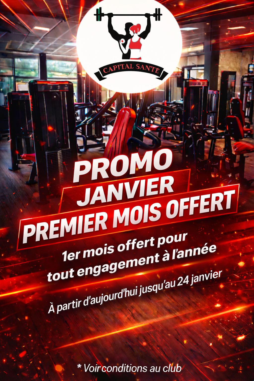 🔥 PROMO JANVIER – 1er MOIS OFFERT ! 🔥
À partir d’aujourd’hui jusqu’au 24 janvier 🎯
Rejoins Capital Santé et profite d’une salle complète, moderne et conviviale 💪✨
🕖 Horaires XXL : 7h – 23h
📆 Ouvert 7j/7
🤝 Ambiance familiale
💺 Machines neuves Panatta haut de gamme
💥 Accès à tous nos services
🧘♀️ Cours collectifs inclus
☕ Coin détente
🅿️ Parking gratuit
👟 Pour tous niveaux
➡️ 1er mois offert pour tout engagement à l’année
📍 Offre valable jusqu’au 24 janvier 2026
⭐ Ne loupe pas cette occasion !
*️⃣ Voir conditions au club
Capital Sante
Capital Santé by 2M
484 avenue saint baldou
84300 Cavaillon
04.90.78.02.33