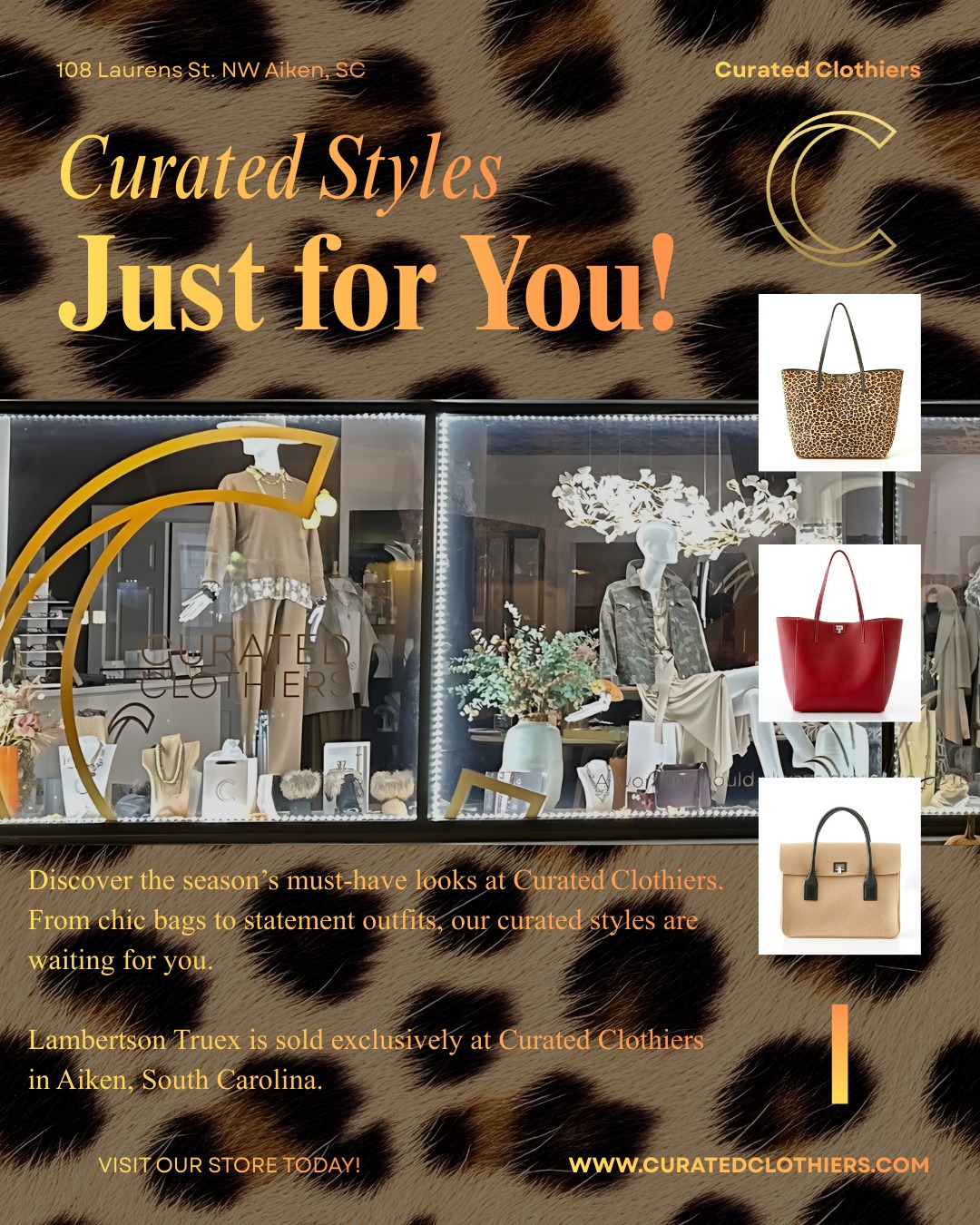 Curated just for you ✨
Step into the season with standout style. From statement bags to effortless looks you’ll reach for again and again. Discover exclusive @lambertsontruex bags and fashion you won’t find anywhere else, right here at Curated Clothiers.
#CuratedClothiers #lambertsontruex #aikensc #womeninbusiness #womenownedbusiness
