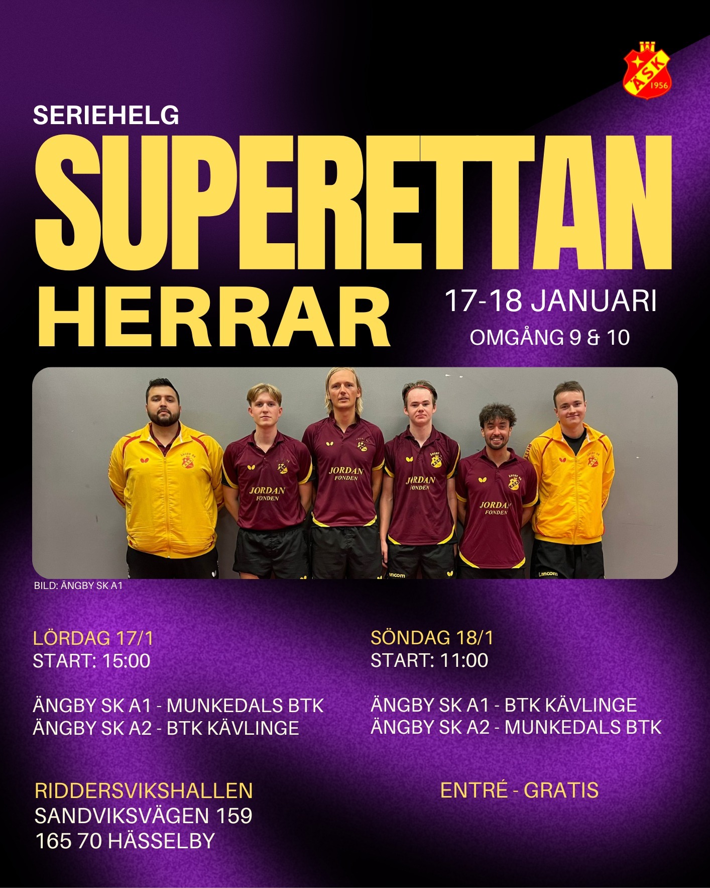 🏓🔥 Seriehelg - 17 & 18 januari 🔥🏓
Vi rivstartar våren med en intensiv seriehelg där vi i Ängby SK spelar på flera håll, både på hemmaplan och bortaplan!
🏓 Superettan herr – dubbla hemmamatcher
På lördag & söndag spelar båda våra herrlag i Superettan hemma i Riddersvikshallen;
📍 Lördag 17/1
⏰ Start 15.00
• Ängby SK A1 – Munkedals BTK
• Ängby SK A2 – BTK Kävlinge
📍 Söndag 18/1
⏰ Start 11.00
• Ängby SK A1 – BTK Kävlinge
• Ängby SK A2 – Munkedals BTK
(Bilden visar Ängby SK A1)
Kom gärna förbi och stötta lagen, publikstödet på hemmaplan gör stoor skillnad! Fri entré! 💛🏓
-------------------------
🏓 Pingisligan by STIGA för damer – mästerskapsserien
Nu drar mästerskapsserien i Pingisligan by STIGA för damer igång och jakten på slutspelsplatserna börjar på allvar! Våra damer åker söderut för två tuffa bortamatcher:
📍 Lördag 17/1
⏰ Start 15.00
• Kosta SK – Ängby SK
📍 Söndag 18/1
⏰ Start 11.00
• Eslövs AI BTK A1 – Ängby SK
Stort lycka till tjejer - vi är med er hela vägen! 💛❤️
-------------------------
🏓 Superettan damer
Även våra damer i Superettan spelar i helgen, med två matcher på söndagen:
📍 Söndag 18/1
⏰ Start 10.00
• Tibble-Kungsängens BTK – Ängby SK
📍 Söndag 18/1
⏰ Start 14.00
• Spårvägens BTK – Ängby SK
Stort lycka till till er med! Nu köör vi!
(Pssst - vi kör även divisionsmatcher i Vinstahallen - kom och heja på ditt lag! HEJA ÄNGBY! 💛❤️)