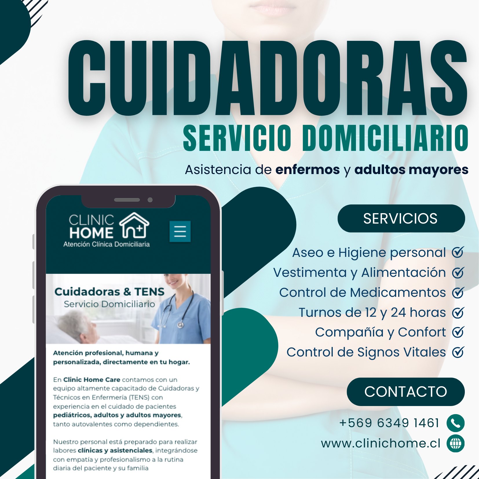 ¿Necesitas ayuda en casa?
Nuestro equipo de cuidadoras y TENS entrega atención y cuidados clínicos directamente en tu hogar. 💙
✅ Aseo e higiene personal
✅ Vestimenta y alimentación
✅ Control de medicamentos
✅ Turnos de 12 y 24 horas
✅ Compañía, confort y control de signos vitales
En Clinic Home Care trabajamos con compromiso y vocación, cuidando de adultos mayores, personas dependientes o con enfermedades crónicas.
👩⚕️ Atención personalizada
🛏️ Sin mover al paciente de su hogar
Contáctanos hoy y recibe orientación gratuita.
📞 +569 6349 1461
🌐 www.clinichome.cl