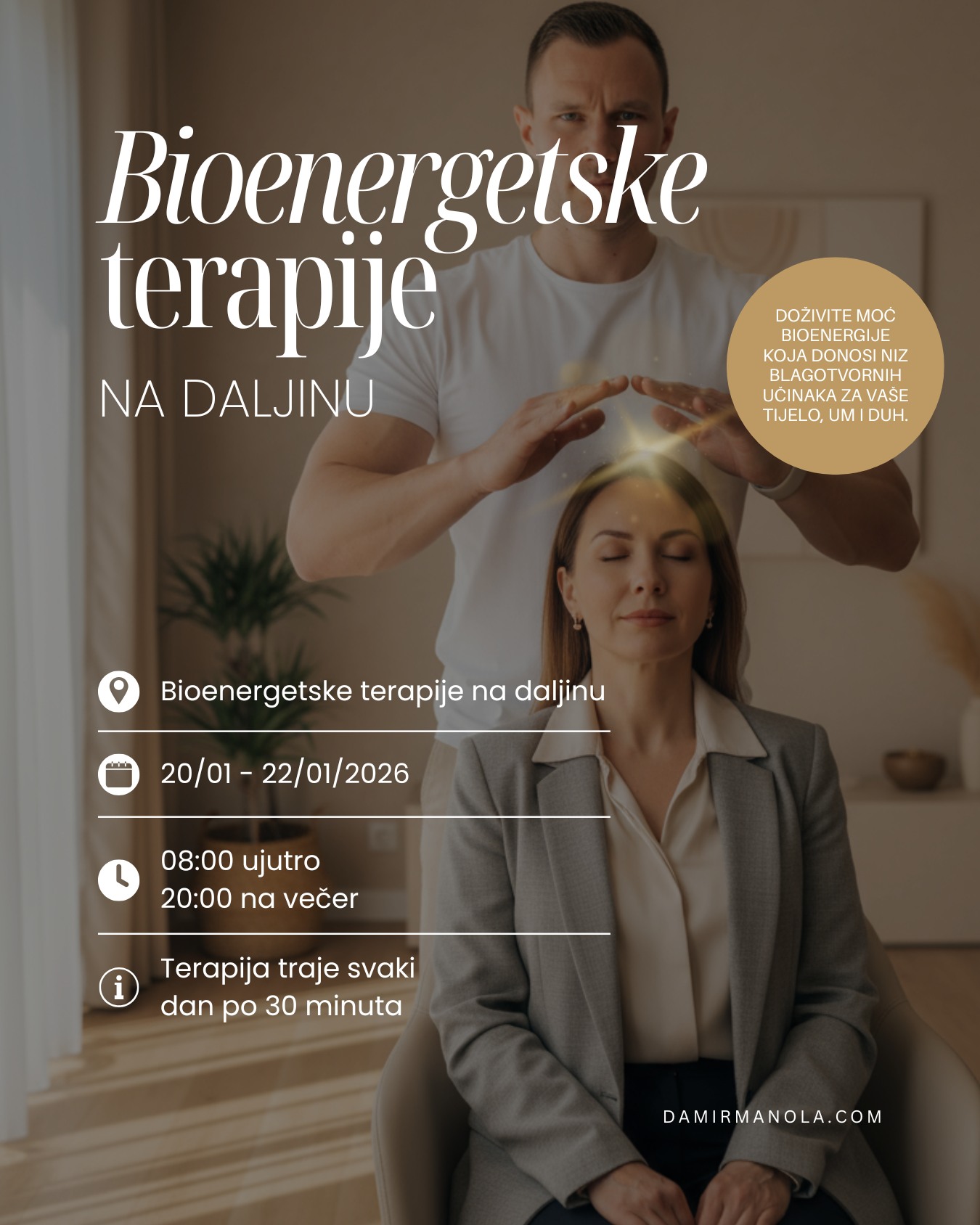 I u ovoj godini nastavljamo s mjesečnim ciklusima bioenergetskih terapija na daljinu, jer se pokazalo koliko su važne kao podrška tijelu, imunitetu i općem energetskom stanju. Ljudi se kroz ove terapije ne „mijenjaju“.
Oni se oporavljaju. Obnavljaju energiju. Lakše se nose sa svakodnevnim opterećenjima. Tijelo dobiva podršku u prevenciji, imunitet se stabilizira, a sustav se postupno vraća u ravnotežu. Često se tek tada primijeti koliko je iscrpljenost bila prisutna.
Novi ciklus bioenergetskih terapija na daljinu odvija se od 20. do 22. siječnja. Namijenjen je svima koji žele dati podršku svom tijelu, ojačati imunitet i ući u godinu s više stabilnosti i snage iznutra.
Energija o kojoj govorim nije apstraktna ideja.
Sve u nama funkcionira kroz energiju: živčani sustav, imunitet, regeneracija, sposobnost oporavka. Kada je energetski protok oslabljen, tijelo troši više snage da bi održalo osnovnu ravnotežu. Kada se energija stabilizira, tijelo diše drugačije, reagira mirnije i oporavlja se brže.
Svi smo energija.
Ne u simboličnom smislu, već u vrlo stvarnom, biološkom i životnom.
I kada toj energiji damo podršku, tijelo zna što treba učiniti.
Prijave i informacije na webstranici damirmanola.com
#bioenergija #zdravlje #mindfulness