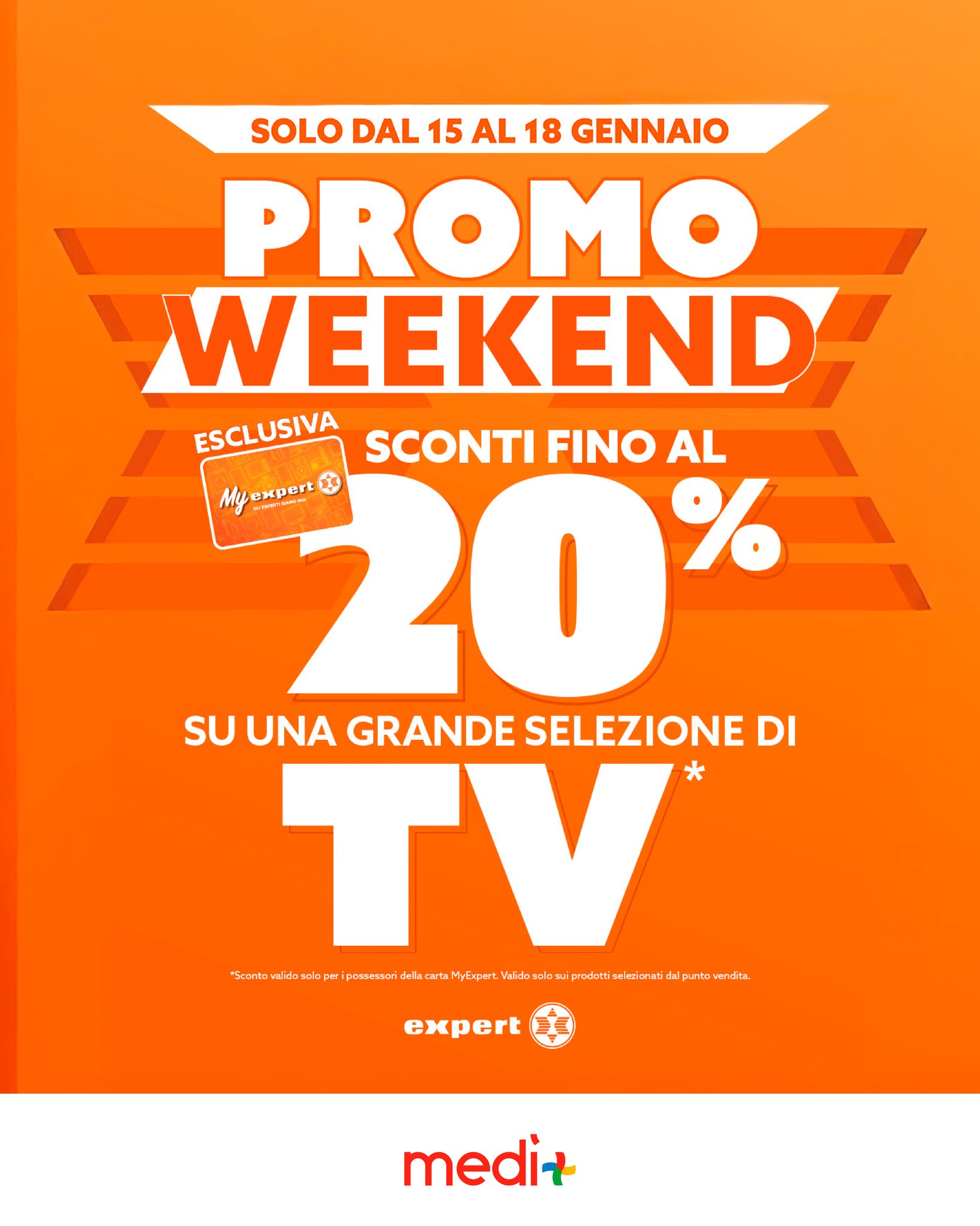 Promo Weekend😍
Dal 15 al 18 gennaio, in esclusiva con MyExpert, riceverai sconti fino al 20% su una vasta collezione di TV.
Il momento perfetto per sostituire i tuoi vecchi televisori.💪🏻
Cosa aspetti?
#centrocommercialemedi #expert