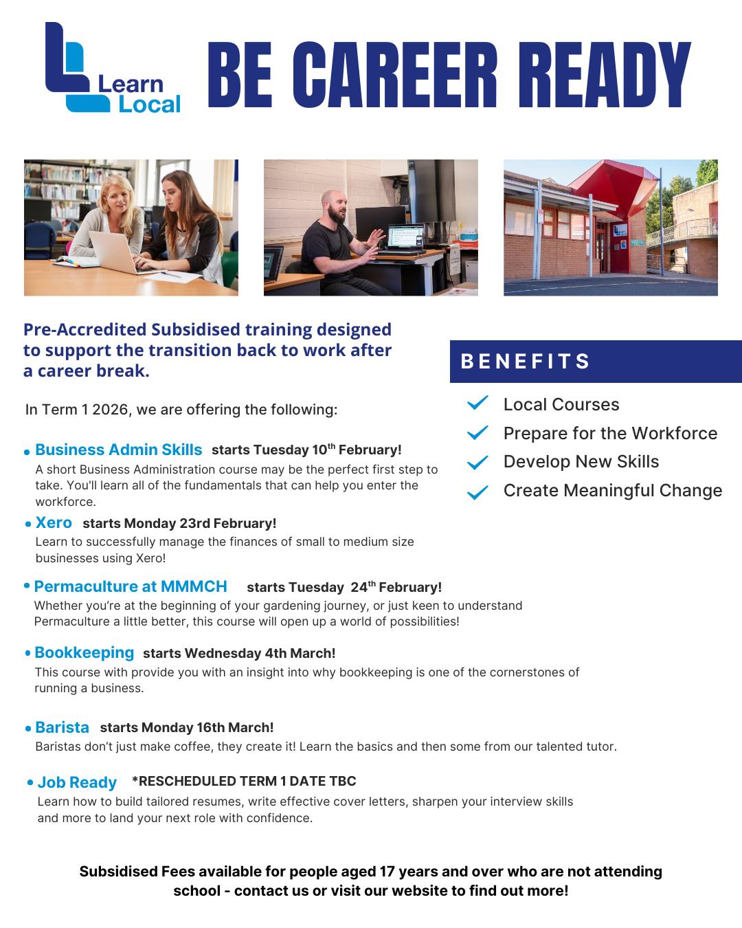 Looking to start crossing off some of your New Year's Resolutions? Looking to upskill or test the waters in a new career pathway?
We've got you covered with our pre-accredited training powered by Learn Local 🥳
Join us and our talented tutors and develop your skillset for your personal or professional development! This term we are offering:
☕ Barista - ran by the amazing @rafaels_coffee! - Monday 16th March & 23rd March, 4:30pm to 8:00pm
💸 Bookkeeping - starts Wednesday, Thursday & Friday, 4th, 5th & 6th March,
9.30am to 3.00pm
🗂 Business Admin - Tuesday, Wednesday, Thursday & Friday, 10th, 11th, 12th & 13th February, 9:30am to 3:00pm
💼Job Ready - Wednesday and Fridays - 14th, 16th, 21st and 23rd of
January, 9.30am to 2.30pm
📱 Social Media Marketing with @kgmgcreative Monday 2nd March — 30th March, 6:00pm to 8:00pm (No class Labour Day 9th March)
💻 Xero - Mon, Tue, Wed, Thurs & Fri, 23rd, 24th, 25th, 26th, 27th February 6.30pm to 9.30pm
🌱Permaculture at @mmmcommunityhouse - Volunteer option available!
Every Tuesday 24th Feb –31st March, 9.30am to 1pm
You are eligible for the ACFE subsidised full fee (the centre price on each) if you:
✅ are aged 18 years and over (or not attending school - contact us if you're under 18 for further details)
✅ are an Australian or New Zealand citizen, Australian permanent resident or hold any humanitarian, protection, or refugee visa in Australia.
✅ complete all required ACFE paperwork prior to enrolment - essentially just our enrolment form, and some pre and post study questionnaires.
If you have any questions, please don't hesitate to reach out. We are always happy to help and to clarify any details about our courses 😁
For further information and online enrolment, head to our website www.mrfec.net.au, email us at enquires@mrfec.net.au, call us on 03 5428 3799 or pop in to say hello at our office! 😁
Please note: Course commencement is subject to sufficient enrolments - minimum and maximum class sizes apply to all courses. In the event of a course cancellation, all fees will be refunded in full by direct payment to your nominated bank account.