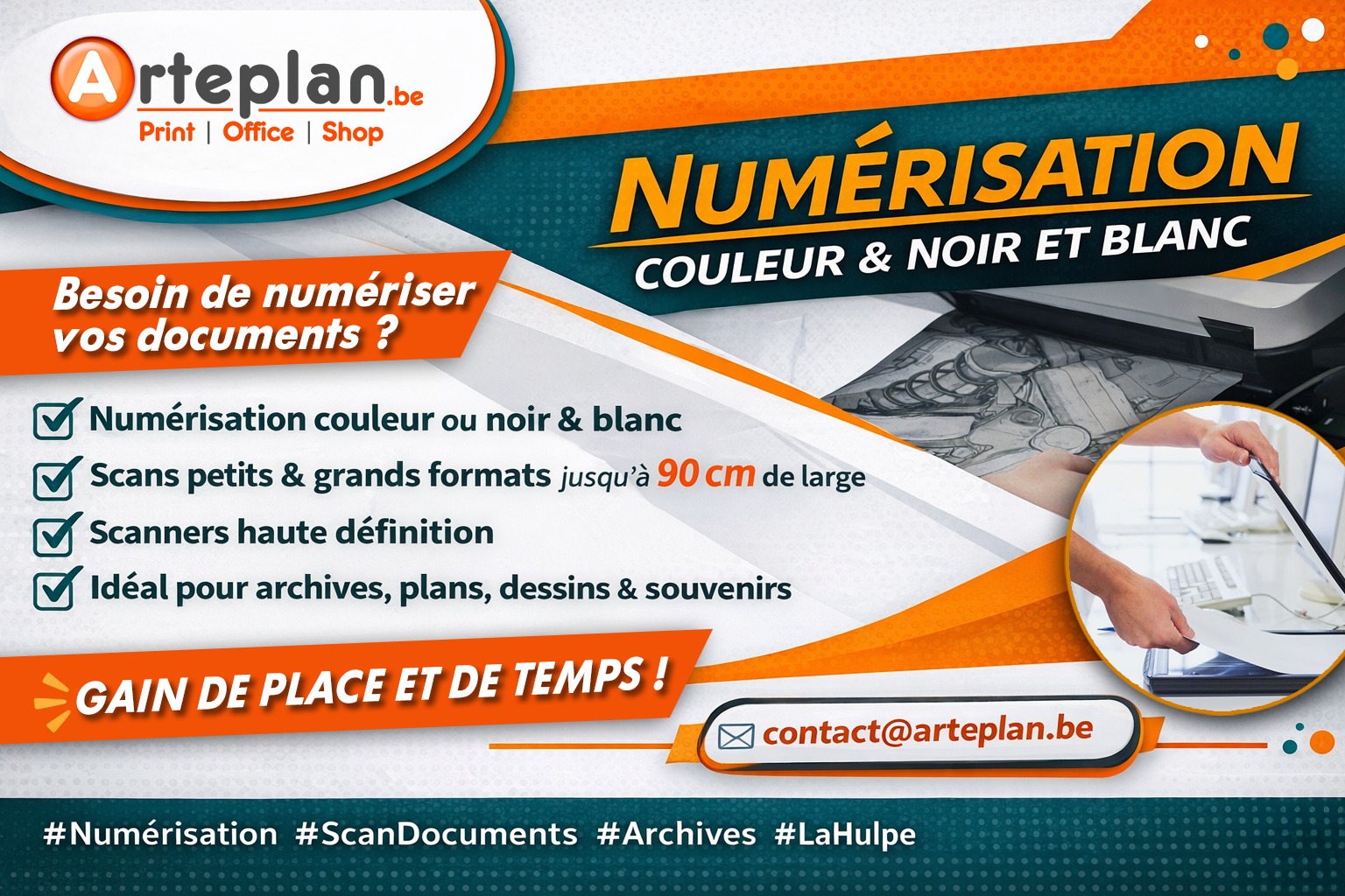 📂 Besoin de numériser vos documents ? On s’occupe de tout !
Chez Arteplan Print Office & Shop – La Hulpe, transformez vos documents papier en fichiers numériques de qualité 👌
✨ Numérisation couleur ou noir & blanc
✨ Petits et grands formats (jusqu’à 90 cm de large)
✨ Scanners haute définition
✨ Idéal pour archives, plans, dessins & souvenirs
⏱️ Un vrai gain de place et de temps, avec un accès rapide à vos documents
📍 Arteplan Print Office & Shop – La Hulpe
📧 Commandes & infos : contact@arteplan.be
Pratique, rapide et professionnel 😄
#Arteplan #ArteplanLaHulpe #Numérisation #ScanDocuments
#Archives #PrintOffice #LaHulpe #Belgique 🇧🇪