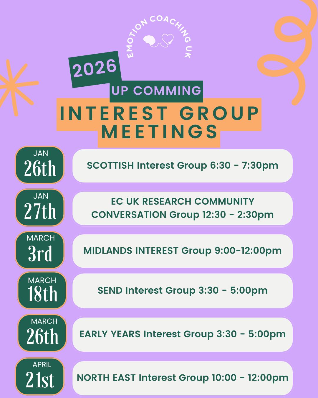 🌱 Building Emotion Coaching Practice Together | 2026 🌱
Our Interest Group meetings are returning in early 2026, bringing together those interested in Emotion Coaching to network, reflect, and sustain their practice.
Groups are facilitated by practitioners with established experience in Emotion Coaching.
To join future meetings, contact an Interest Group Coordinator to register your interest.
Visit our website to find out more- https://www.emotioncoachinguk.com/interest-group-meetings