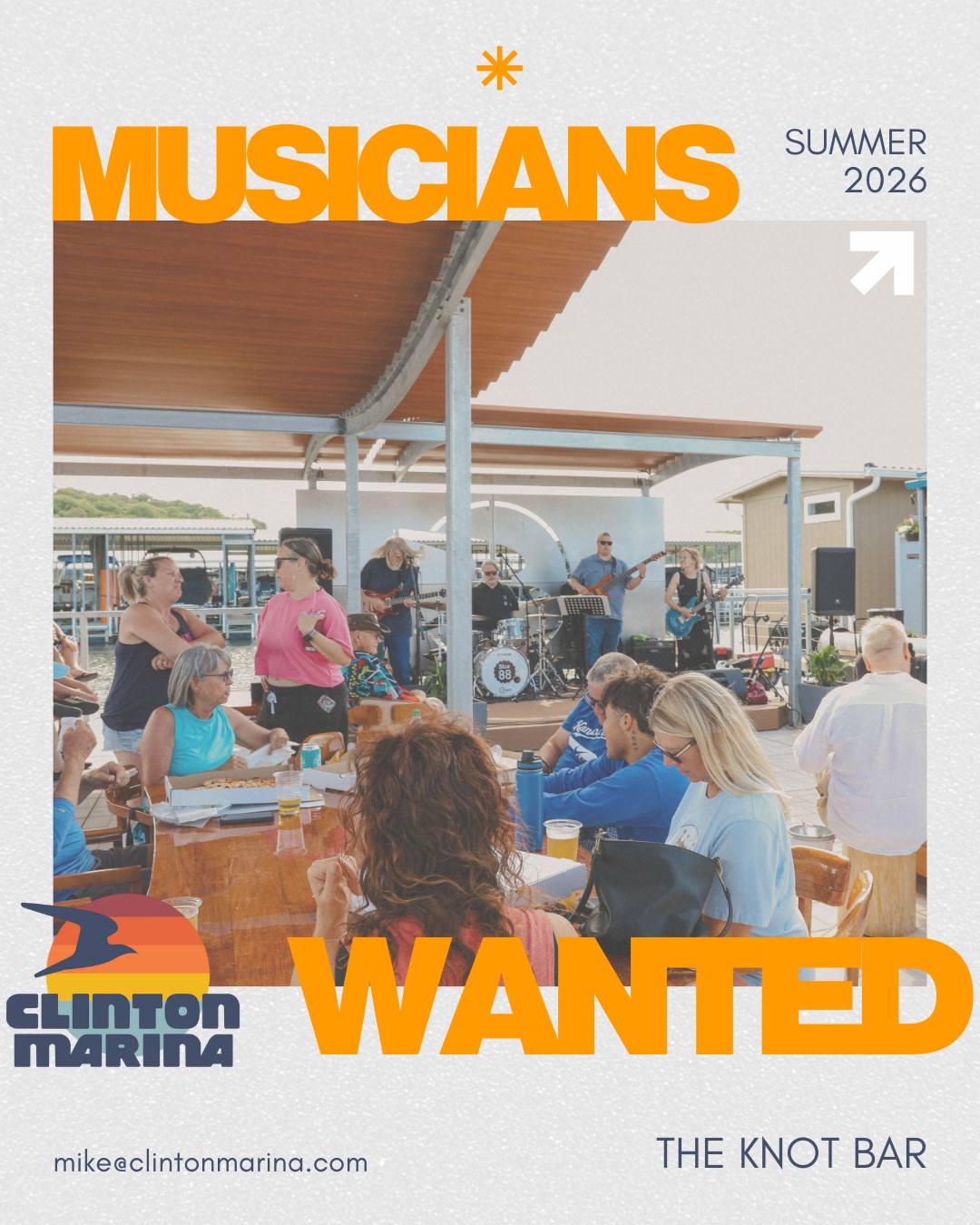 We’re booking polished, professional acts for the live music lineup at The Knot Bar this Summer!
Know a band we should hear? Please pass this along!
Musicians: send your info, pricing, and availability to mike@clintonmarina.com