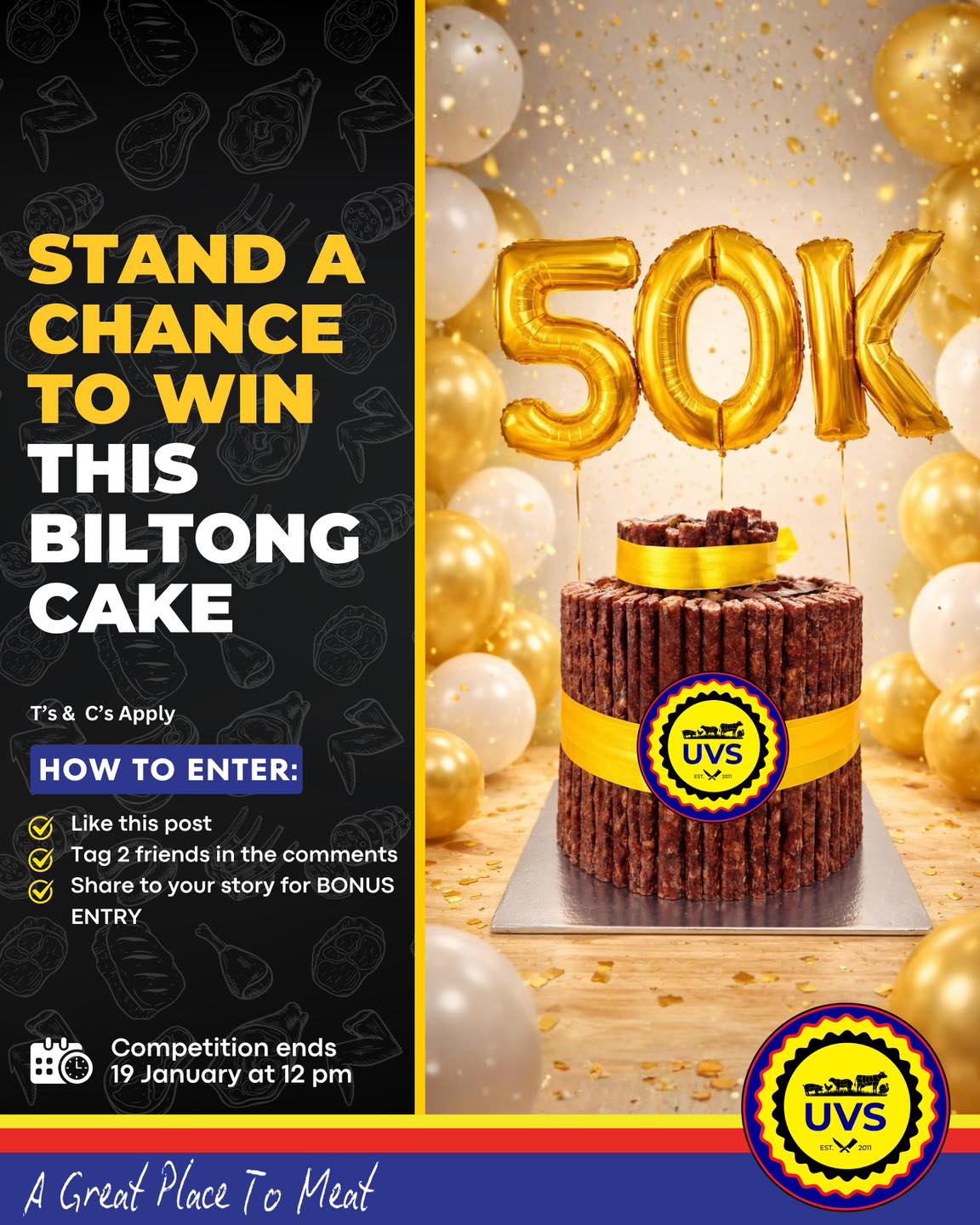 CELEBRATE 50k FOLLOWERS ON FACEBOOK WITH US! 🎉
To celebrate this milestone, we are giving one lucky winner a chance to take home this mouth-watering Biltong Cake to share with 2 friends 🤤🔥
How to enter:
👉 Like the post, tag 2 friends in the comments, share to your story for a BONUS entry, and stand a chance to WIN!
⏰ Competition ends 19 January at 12PM. T’s & C’s apply.
#UVS #50KFollowers #BiltongCake #CompetitionTime #SupportLocal #AGreatPlaceToMeat