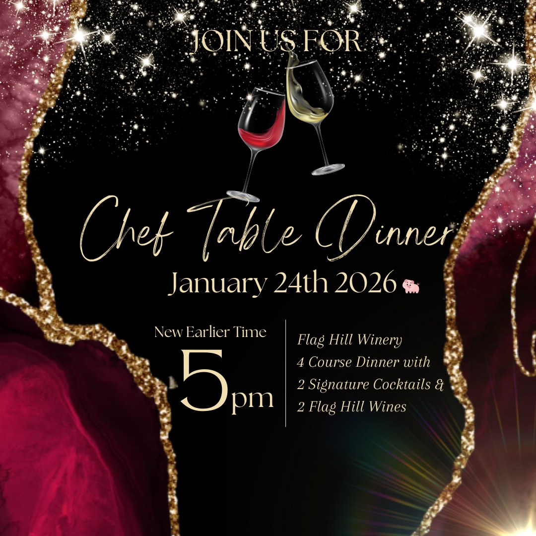 FINAL HOURS LEFT TO PURCHASE FOR NEXT SATURDAY!
ONLY 4 TICKETS REMAIN
Saturday, January 24th 2026 from 5-8pm! Tickets are $75 each. For tickets and more information be sure to visit: https://JanChefTableDinner26.eventbrite.com
Our Chef Table Dinners, are a 4 course culinary experience!! We are able to accommodate dietary restrictions with our menu!
January Chef Table Dinner Menu & Pairings
Appetizer:
Pork schnitzel
-lemon dijonnaise
-capers
-shaved pecorino
Welcome Cocktail: Thai Blackberry Gin Spritz
Karner Blue Gin, Blackberries, Thai Basil Simple Syrup, Lemongrass Apple Shrub & Club Soda
Soup:
Pork cheek and black-eyed pea chili
-warm spices
-rich tomato broth
-sour cream
-fresh cilantro
Wine Pairing: Plum
Entrees :
Herbed pork tenderloin
-bacon fat mushrooms
-burgundy peppercorn sauce
-leek bread pudding
Wine Pairing: Flag Hill Red
Peppered duck bread
-orange citrus glaze
-sautéed bok choy
-curried sweet potato carrot purée
Wine Pairing: Vignoles
Vegetable curry
-rice noodles
-coconut curry
-sautéed vegetables
-fresh herbs
Wine Pairing: Crisp
Dessert:
Blood orange tartlet
-vanilla bean merengue
-blood orange curd
-leaf lard and ginger crust
Dessert Cocktail: Bloody Creamsicle Old Fashioned:
FH Straight Bourbon, Blood Orange Reduction, Burnt Vanilla Syrup & Orange Infused Bitters