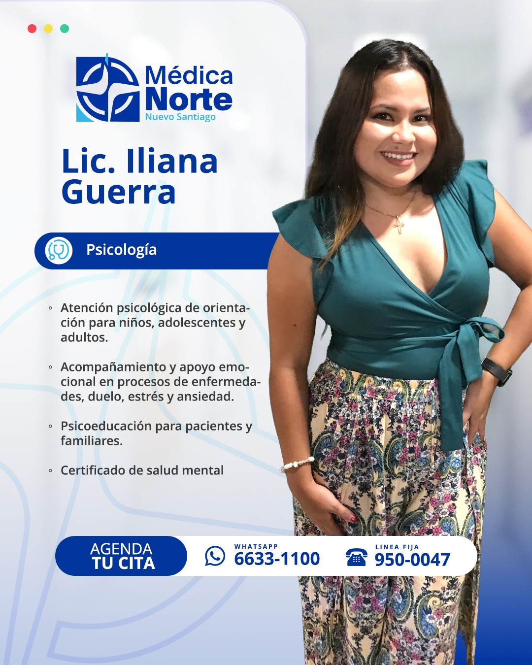 Cuidar tu salud mental también es una forma de cuidarte.
En Médica Norte contamos con la atención de la Lic. Iliana Guerra, psicóloga, quien ofrece un espacio profesional, seguro y confidencial para acompañarte en cada etapa de tu proceso emocional.
Si estás atravesando momentos de estrés, ansiedad, duelo o simplemente necesitas orientación, aquí encontrarás apoyo cercano y herramientas para fortalecer tu bienestar emocional.
No tienes que hacerlo solo. Da el primer paso.
📲 Agenda tu#cuidadoemocional
☎️ Línea fija: 950-0047
#MédicaNorte #SaludMental #Psicología #BienestarEmocional #AcompañamientoPsicológico #CuidadoEmocional