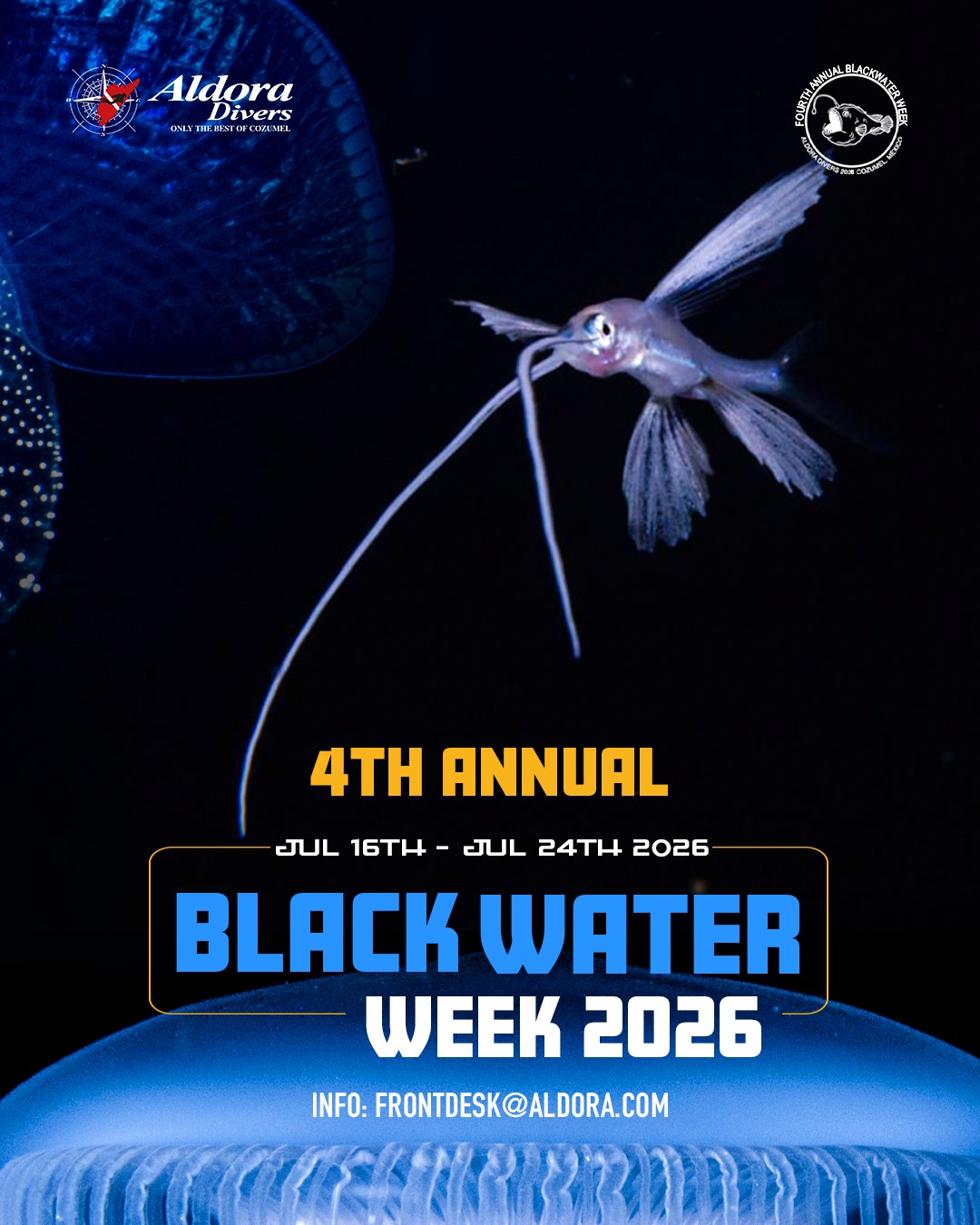 Aldora Divers 4th Annual Blackwater Week 2026 🔦
Join us for an unforgettable deep-ocean experience during one of the most unique dive weeks of the year.
📅 July 16 – July 24, 2026
📍 Cozumel, Mexico
Dive & Stay Package Includes:
* 8 nights in a standard room
* Daily seminars with Mike Bartick
* 6 two-tank Blackwater dives
* Buffet breakfast
* Nitrox & taxes included
$3,000 USD – Dive & Stay
$1,944 USD – Dives Only
⚠️ Limited spots available
📩 Book & info: frontdesk@aldora.com
#Cozumel #aldoradivers #blackwaterphotography #scubadiving