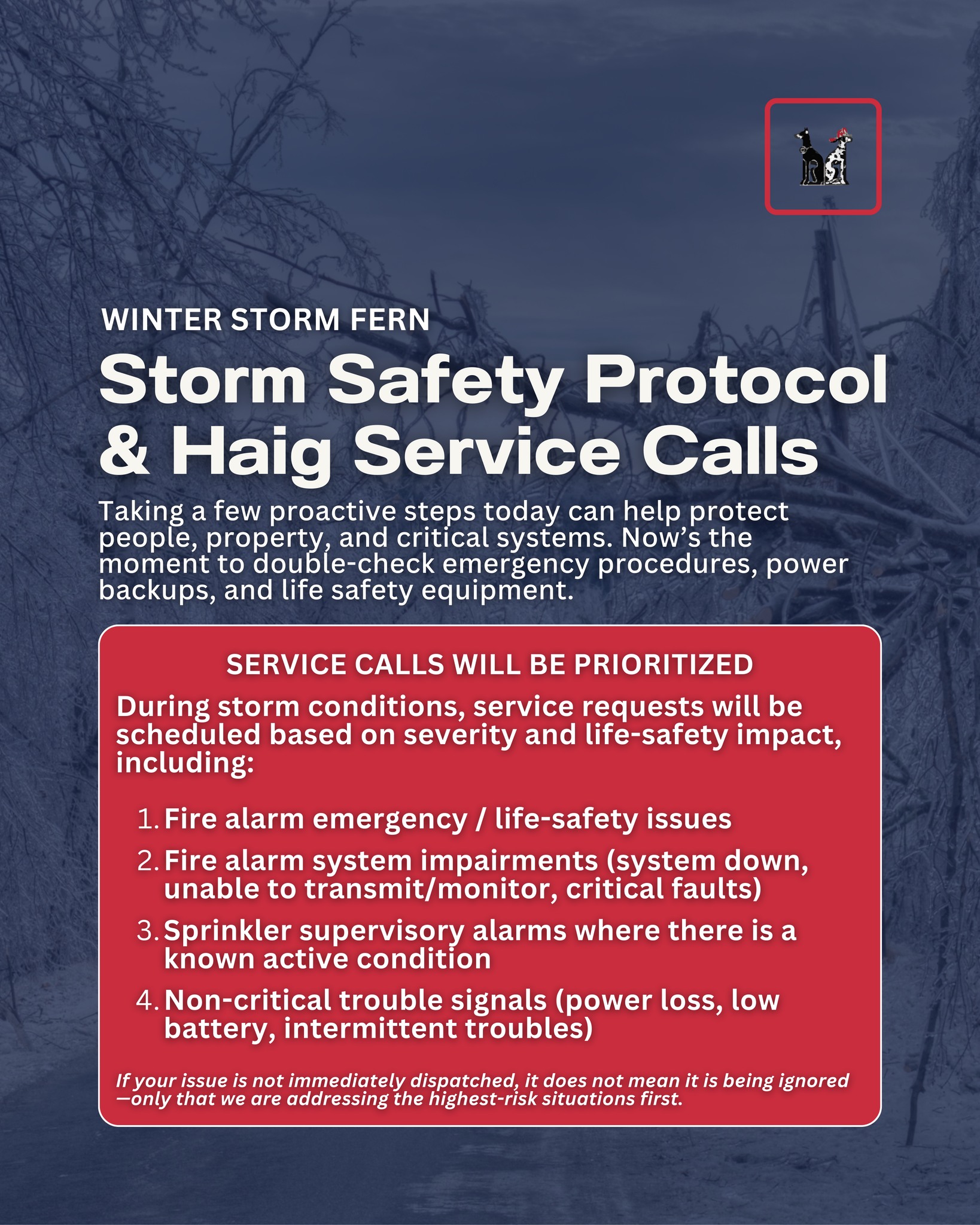 Storm Fern may cause dangerous conditions in the Northeast in the coming days. We recommend that everyone take safety precautions and know what to do in the event of an issue. In the case that you need to reach out, our team can assist you by phone to help troubleshoot and reduce risk while we mobilize. If you call and reach voicemail during peak conditions, please leave a detailed message, and we will return calls in priority order.
#StormPrep #stormfern