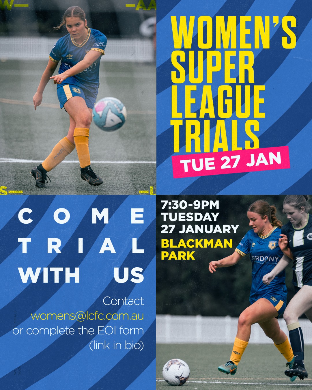 LCFC WOMEN’S SUPER LEAGUE TRIALS
The next era of women’s football starts here.
Lane Cove FC is proud to compete in the new Women’s Super League, launching in 2026 as part of the Northern Suburbs Football and North West Sydney Football joint competition. A higher standard, stronger competition, and a clear pathway for ambitious players.
⚽ Trials
📅 Tue 27 January
⏰ 7:30–9:00pm
📍 Blackman Park, Lane Cove West
📩 Book your spot: womens@lcfc.com.au
🔵🟡⚽️💪🟡🔵
#AnyOneCanPlay #LaneCoveFC
#LaneCove #inthecove #NSFA #footballnsw #footballaustralia #football #soccer #footballislife #footballculture #footballlife #90years
#LCFC #LCFCWomen #WomensSuperLeague #WomensFootball #FootballNSW #PlayFootball