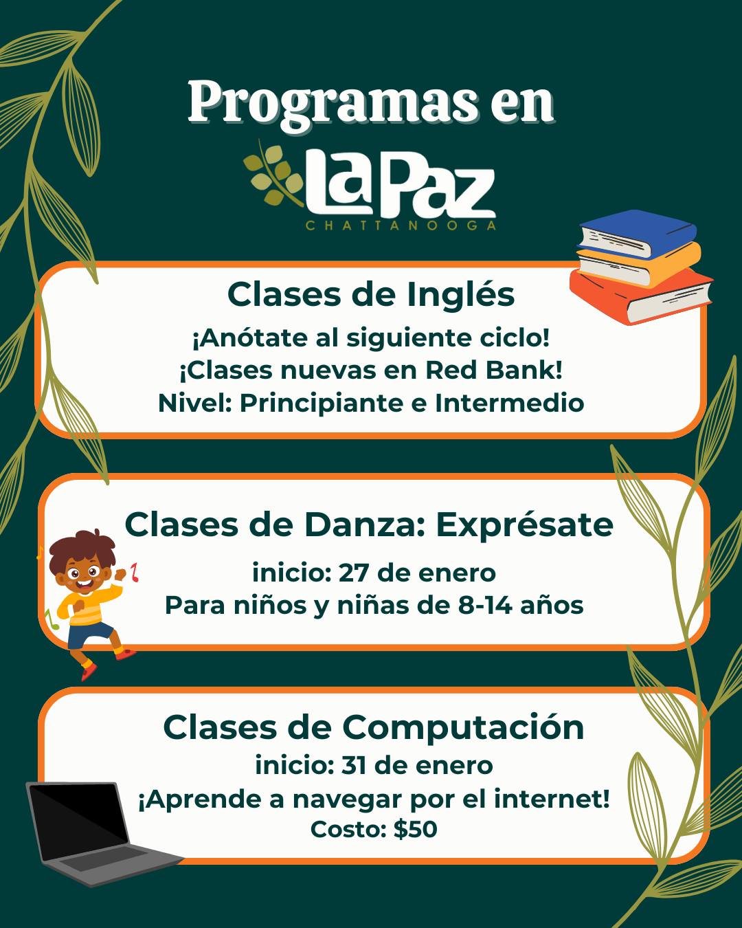 Good morning, community! Start the year off on the right foot with our educational programs!๐๐๐ป
Sign up for our classes and learn alongside community members of all ages! At La Paz we offer English classes with @chattlanguage, dance classes for children with @tpupeducation, computer classes with @techgoeshometn, and much more!๐
If you are interested in signing up, call our office at (423) 624-8414 or send us a text message at 423-401-0880 ๐