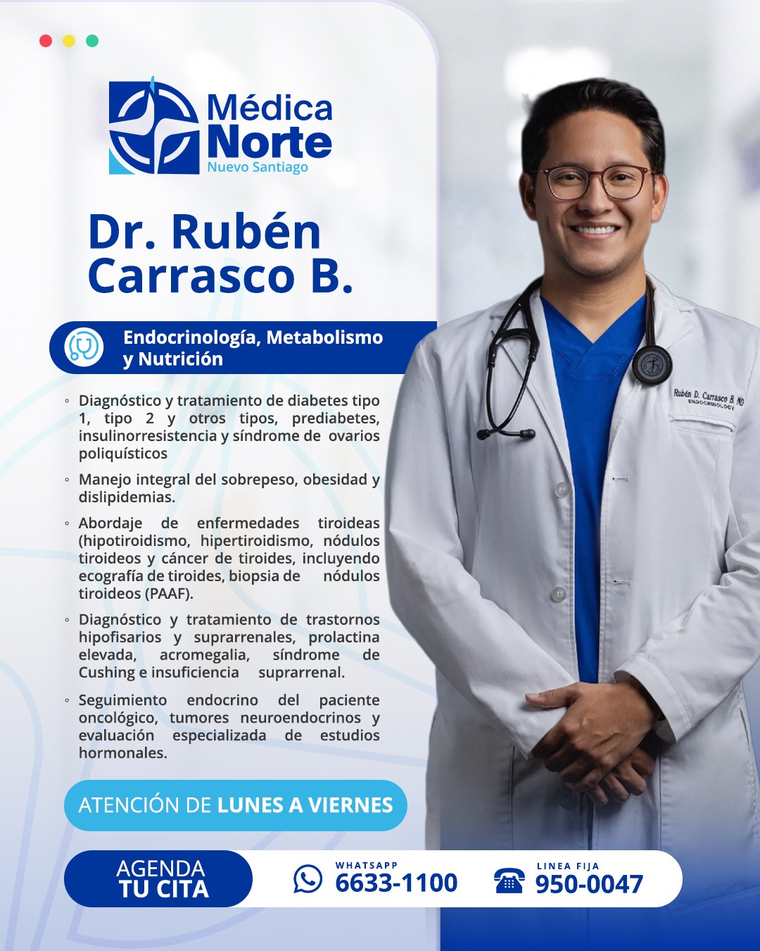 Cuando se trata de tu salud hormonal y metabólica, la precisión médica marca la diferencia.
En Médica Norte contamos con la atención del Dr. Rubén Carrasco B., especialista en endocrinología, metabolismo y nutrición, enfocado en brindar diagnósticos claros y tratamientos personalizados.
Si necesitas evaluación, control o seguimiento especializado, aquí encontrarás un abordaje integral respaldado por experiencia médica y atención cercana.
Cuida tu equilibrio hormonal con el acompañamiento adecuado.
📲 Agenda tu cita: 6633-1100
☎️ Línea fija: 950-0047
#MédicaNorte #Endocrinología #SaludHormonal #Metabolismo #NutriciónClínica #AtenciónEspecializada #Bienestar #santiagodeveraguas